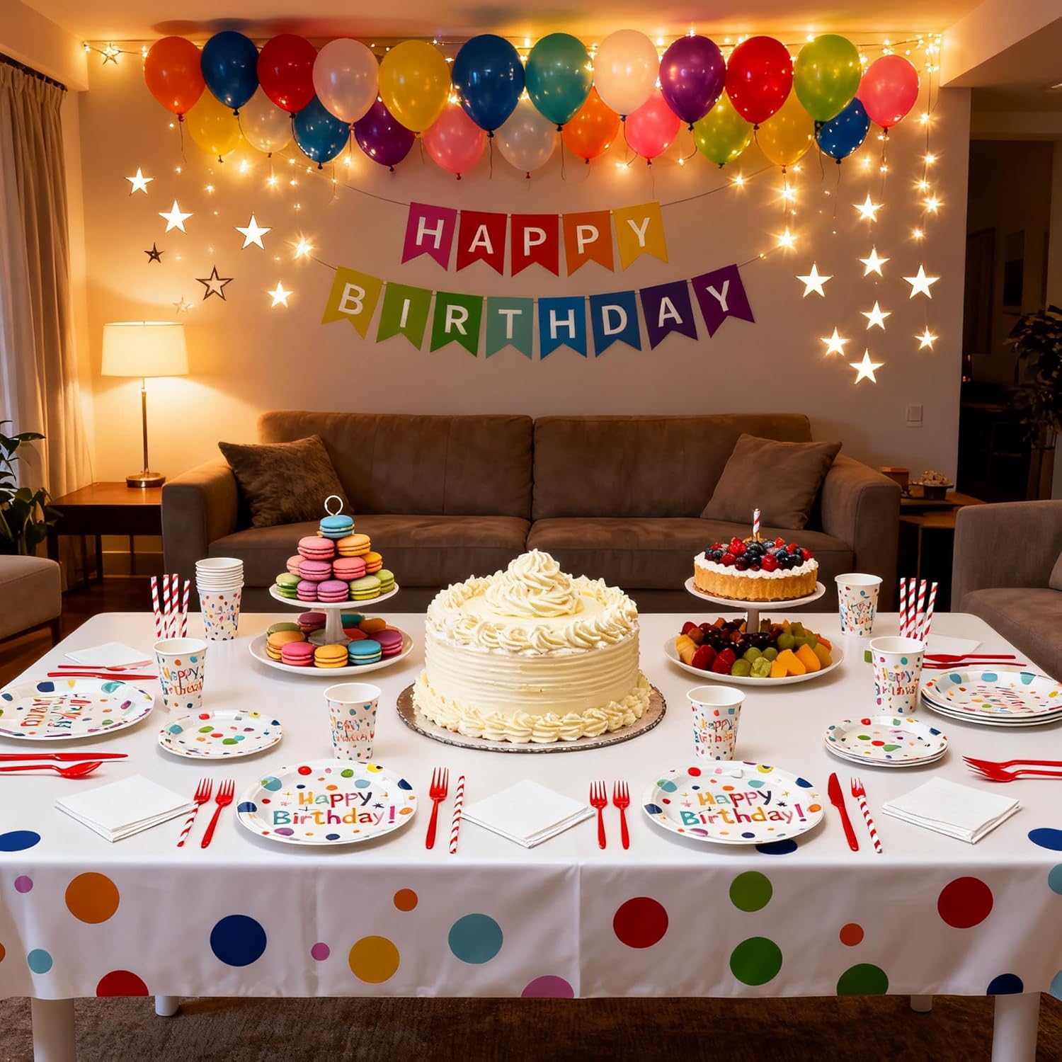142Pcs Happy Birthday Decorations Set Including Disposable Paper Plates,Napkins,Cups,Tableware,Straws,Tablecloths and Banners Colorful Birthday Decorations Can Accommodate 20 Guests - Image 8