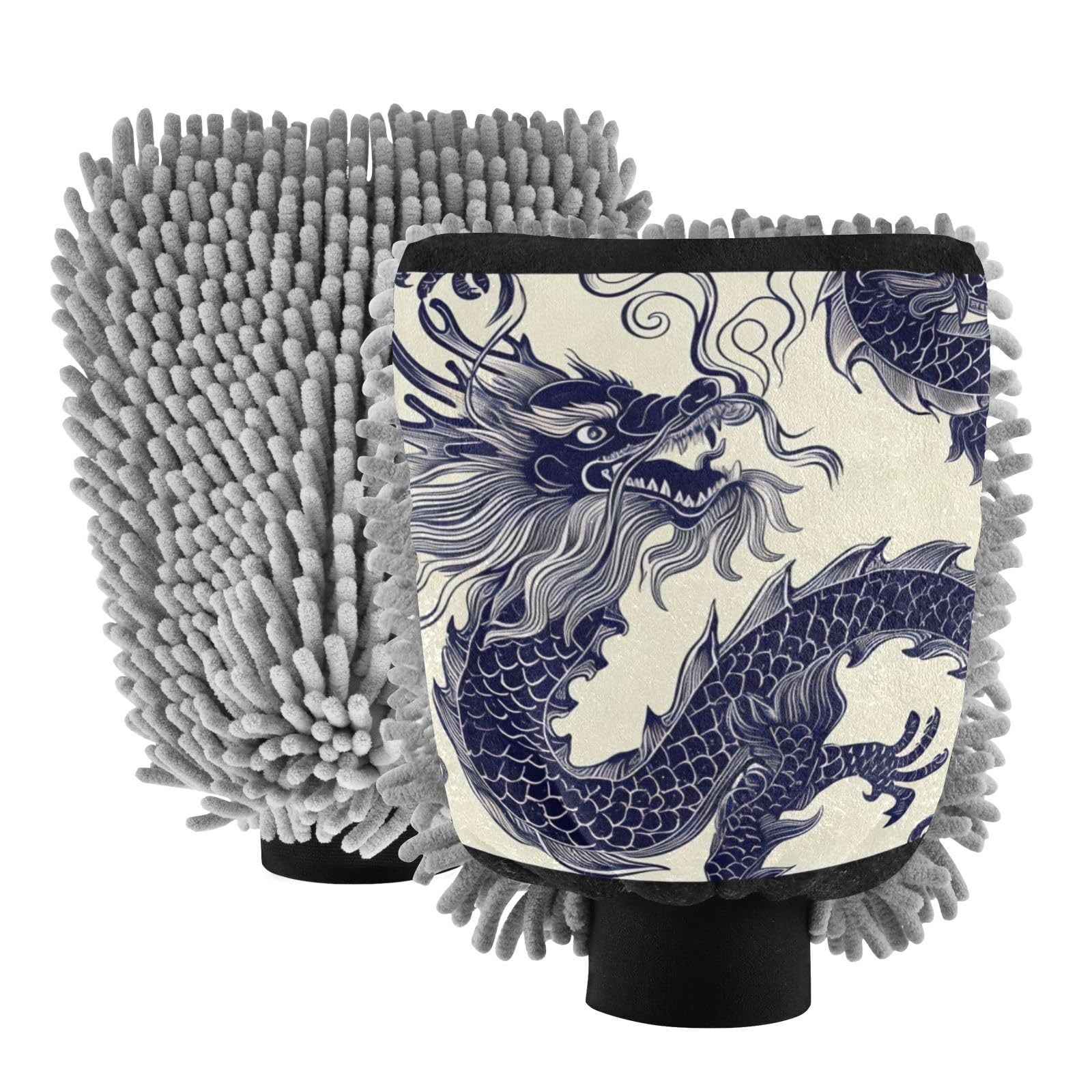 IOACIY Absorbent Microfiber Car Wash Drying Mitts, 2 Pack, Scratch-Free & Lint-Free, Rich Foam, Highly Absorbent, Double Sided, Wash Mitt Perfect for Car Washing, L, Chinese Dragon (1)