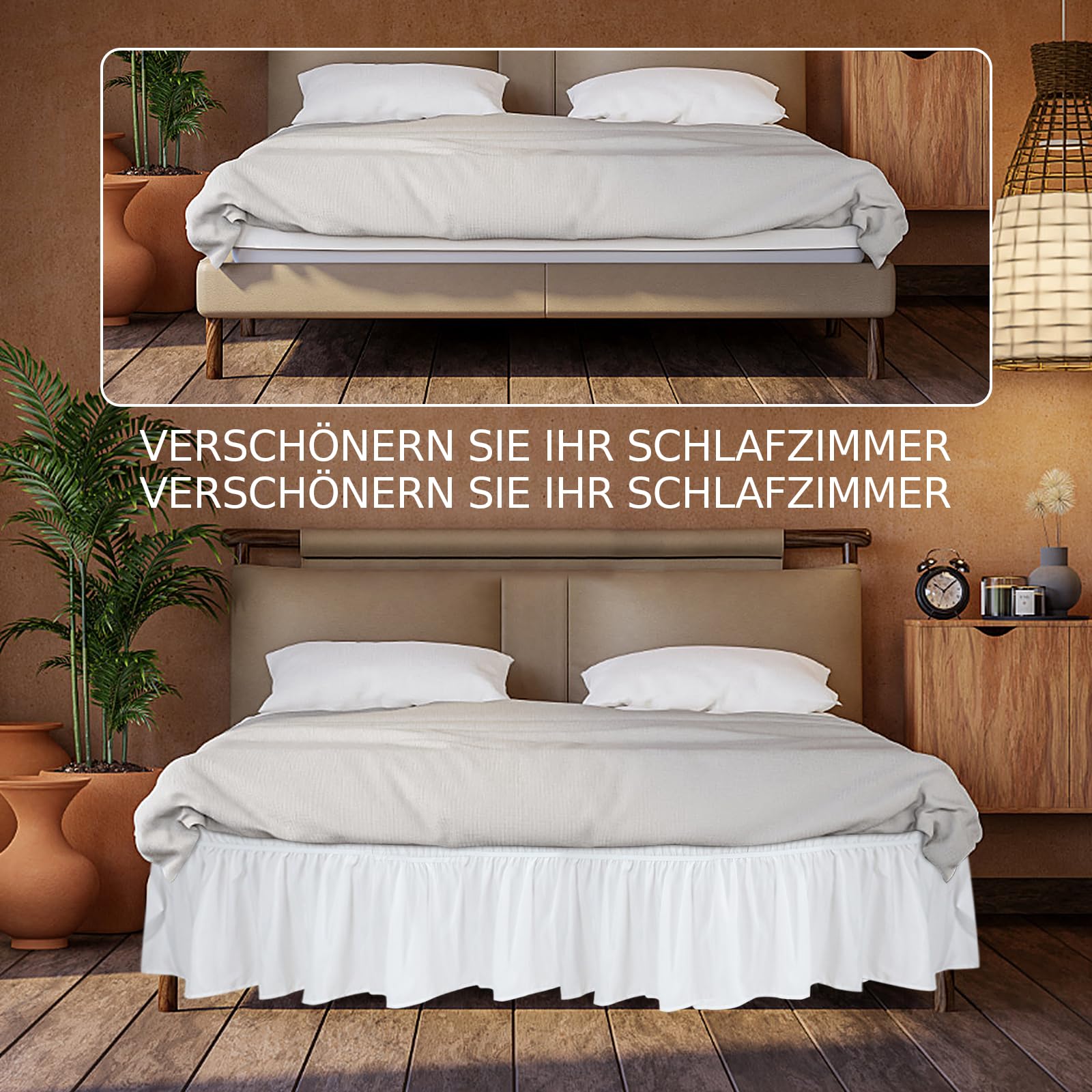 Gonna da letto con volant, 150 x 200/180 x 200, biancheria da letto con doppio elastico, Ruffled Solid Bed Rock, per letto alto 40 cm, gonna bianca (180 x 200 cm)