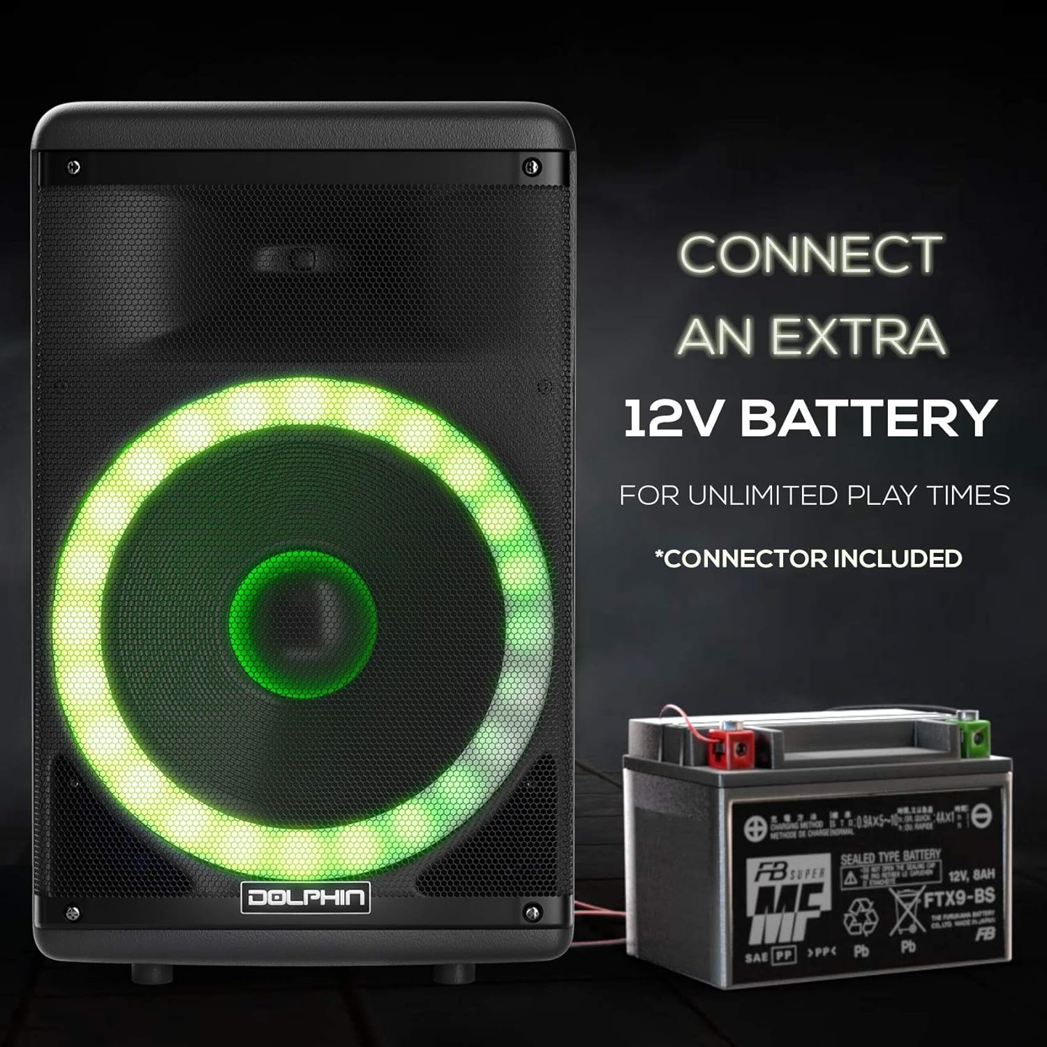 Dolphin BoxParty 1600 speaker connected to an external 12V battery for extended use.