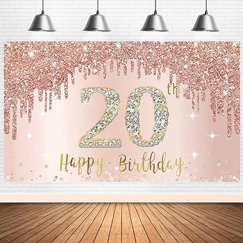 Cartel de feliz cumpleaños número 20, decoraciones de fondo para mujeres y niñas, suministros de fiesta de cumpleaños de 20 años, póster de