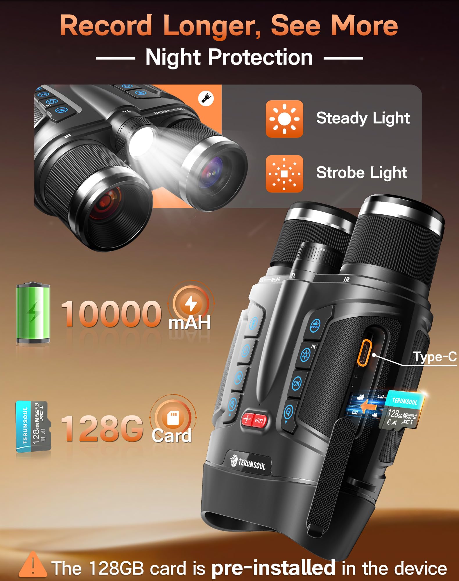 Night Vision Goggles - Smart APP 4K Night Vision Binoculars, 10000mAh Battery, 128GB Card for Photo and Video, 3'' UHD Screen & 8X Zoom Binoculars for Camping, Hunting, Security (Black)