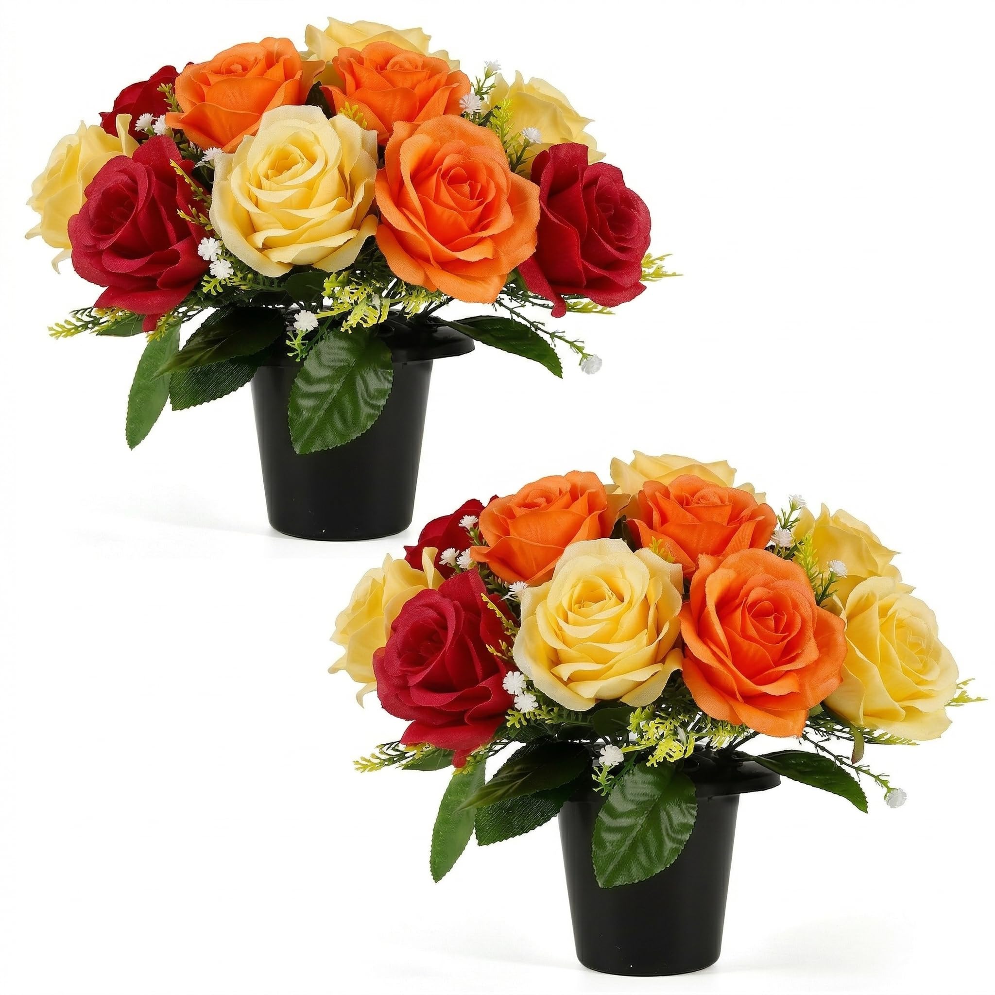 Fuyuleyo 2 Pack Artificial Grave Flowers in Pots, 30cm Silk Flowers for Graves Memorial Cemetery Flower, Weatherproof UV Resistant Funeral Arrangements for Outdoor Graveside Ornaments, Orange