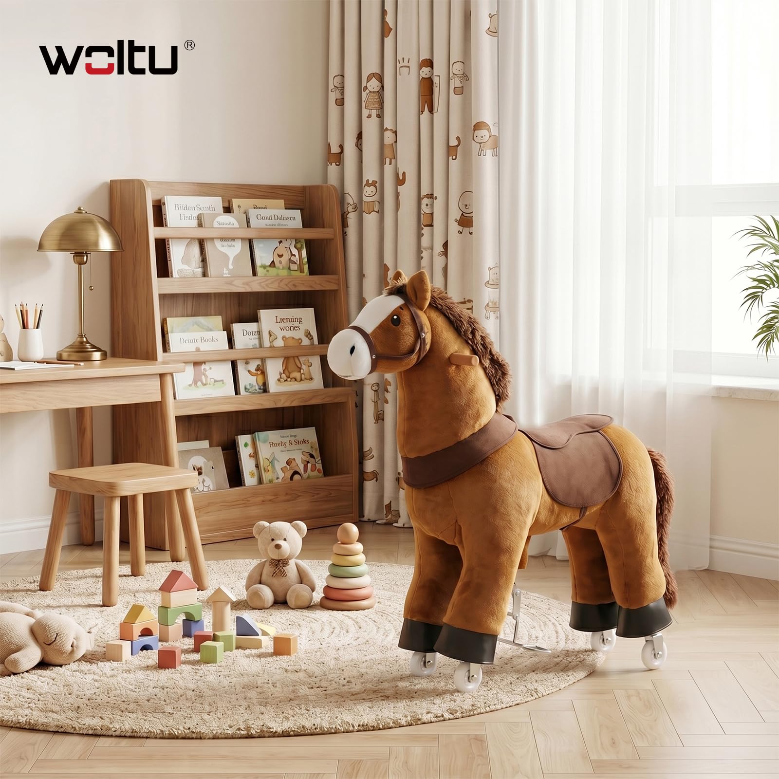 WOLTU Caballito con Ruedas para Niños de 3 Años, Caballo de Peluche para Montar con Sonido, Juguete Infantil en Madera y Metal, Color Marrón