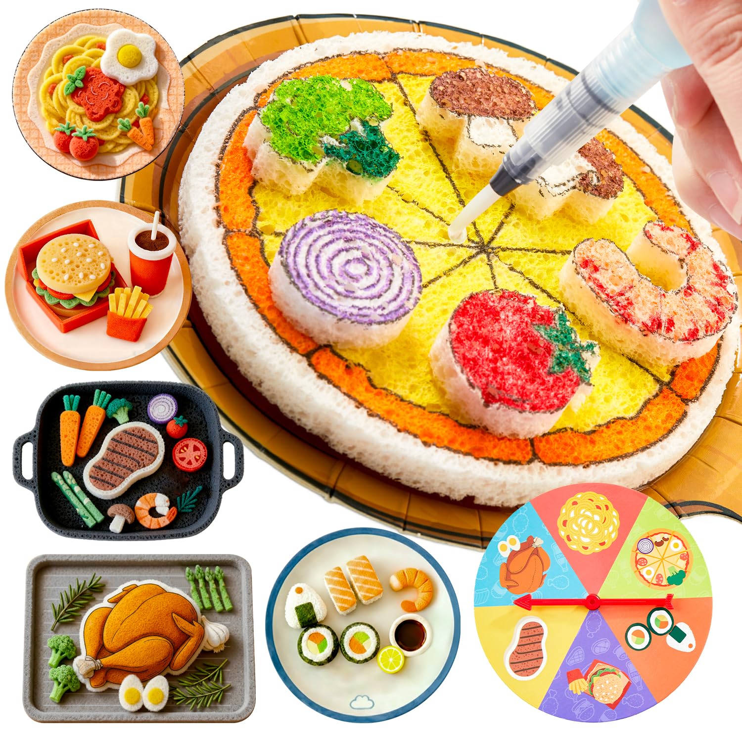 Shuttle Art 104 Pcs Magic Foam Texture Painting Kit – Food Series Magic Puffy Paint Kit: 34 Food Puffy Art Foam Pieces, Paper Plates, Forks & Knives, 12 Acrylic Paint Markers, Sponge Painting Set