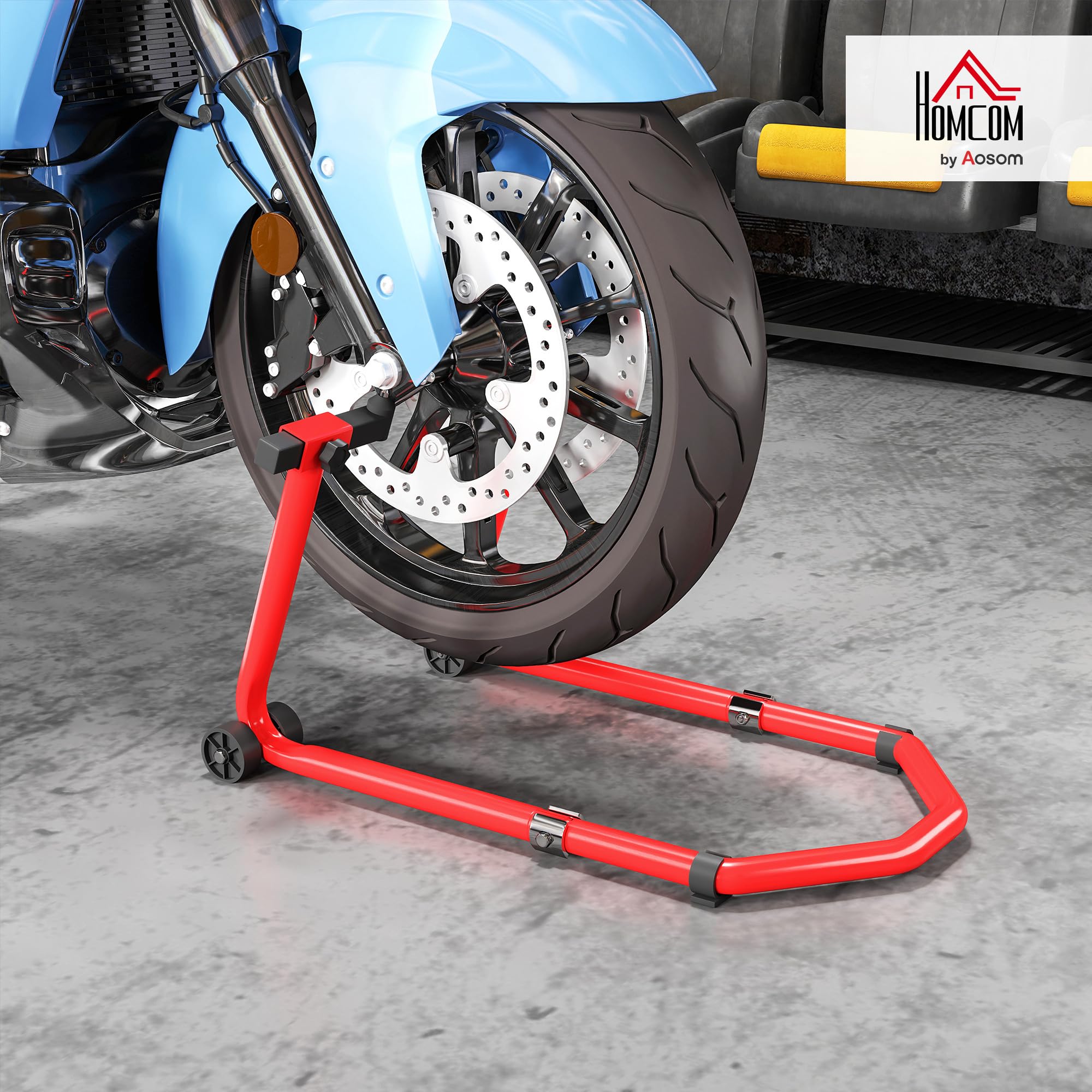HOMCOM Caballete Moto Elevador Universal Carga 390 kg Soporte Rueda Delantera y Trasera Motocicleta Convertible con Adaptadores de Horquillas en U y L Ajustables y Ruedas para Reparación Mantenimiento