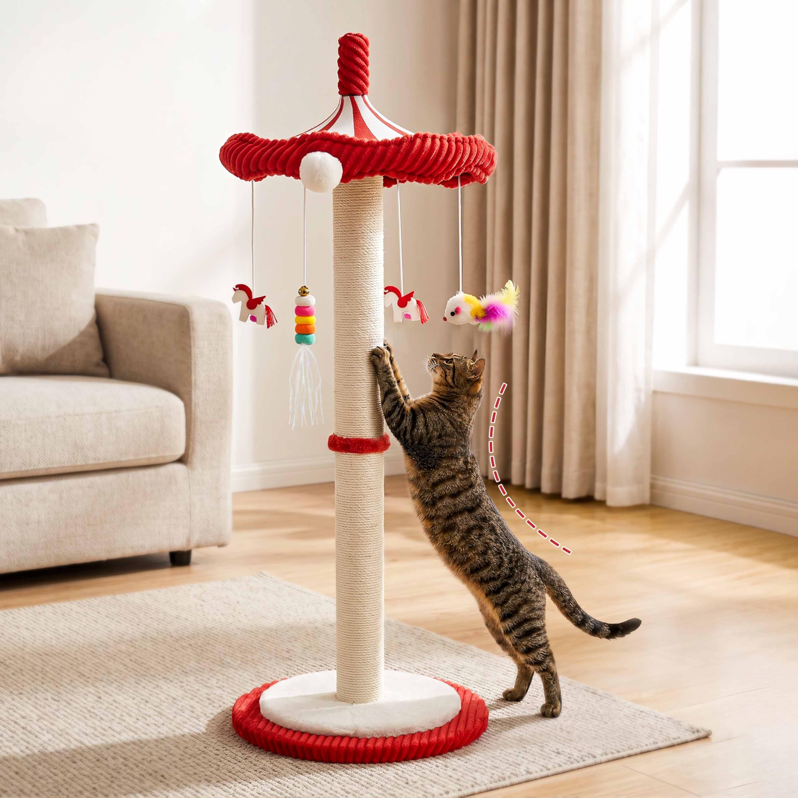 Carousel Interaktives Katzenspielzeug für Indoor-Katzen, 99,1 cm hohe Katzenkratzbäume für Indoor-Katzen Erwachsene mit drehbarem Oberteil, niedlicher Katzenkratzbaum mit hängendem