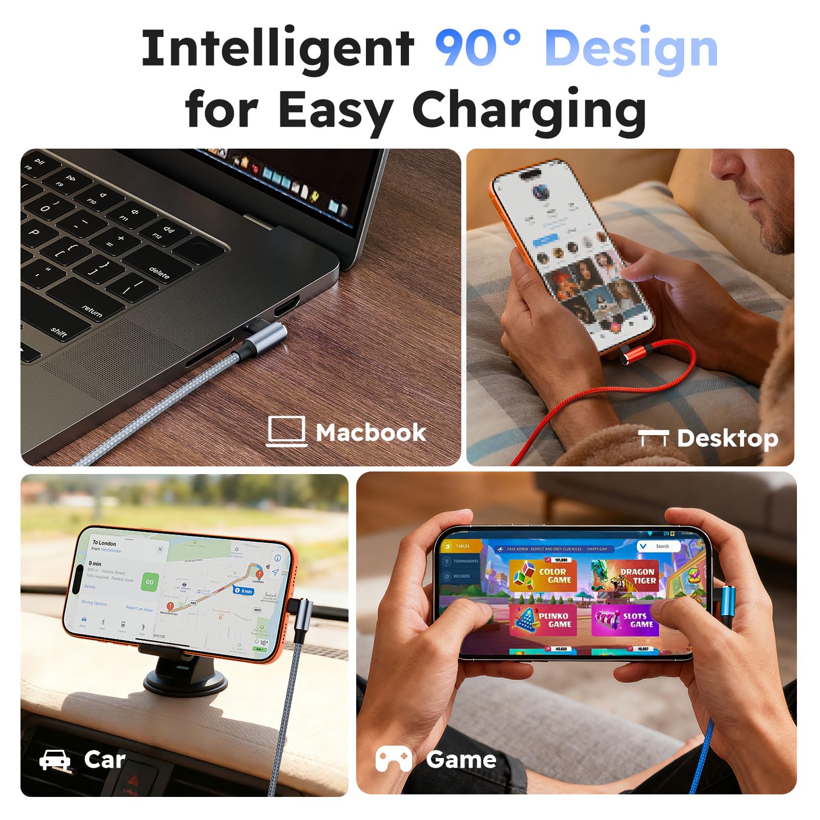 MPATIBY Cable USB A/C a USB C en ángulo recto, cable de carga trenzado tipo C de 90 grados de 5 pies, cable de carga USB C 3 en 2, cable de carga universal para teléfono con 3 puertos tipo C para