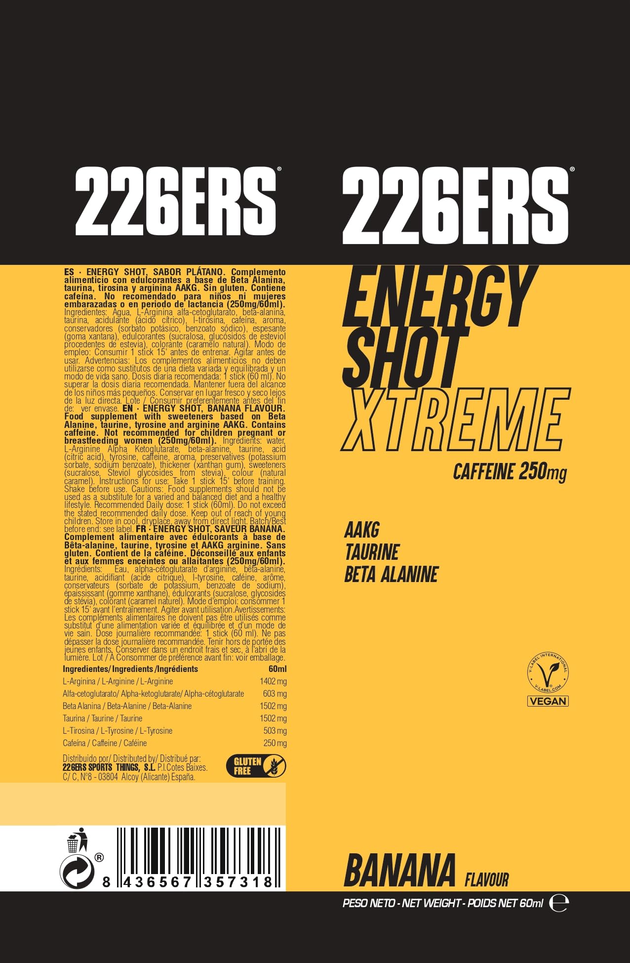 226ERS - Energy Shot Extrem Sabor Banana 24 uds x 60 ml, Suplemento Alimenticio, con Beta Alanina, Taurina y Arginina, con Cafeína, para Activación Antes o Durante el Ejercicio