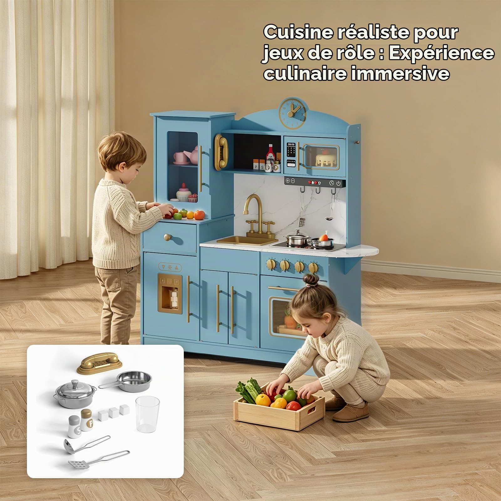 Cuisine en Bois Enfant, Cuisine de Jeu pour Enfants avec Lumières et Sons, Kit de Cuisine pour Enfant avec Cuisinière, Horloge, Évier et Micro-ondes, Jouet de Rôle, Cuisine en Bois Moderne pour Enfant