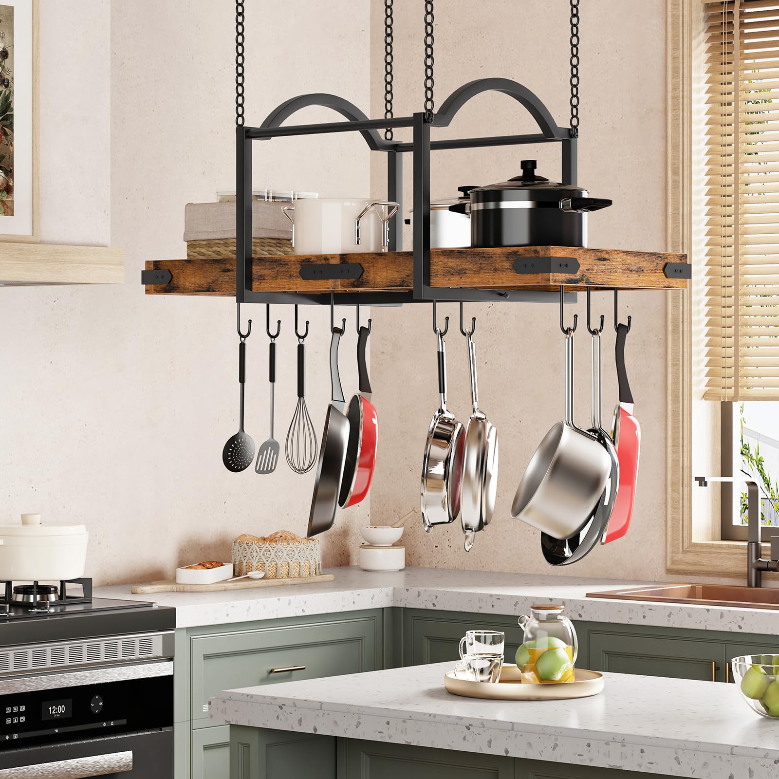 HOOBRO Topfdeckelhalter, hängendes Topfregal, Küchenregal mit 10 S-Haken, Deckenmontiertes Topf Organizer, Hängeregal mit Bogenrahmen für Töpfe und Küchenutensilien, Pfannenhalter für Küchen EBF80TL01