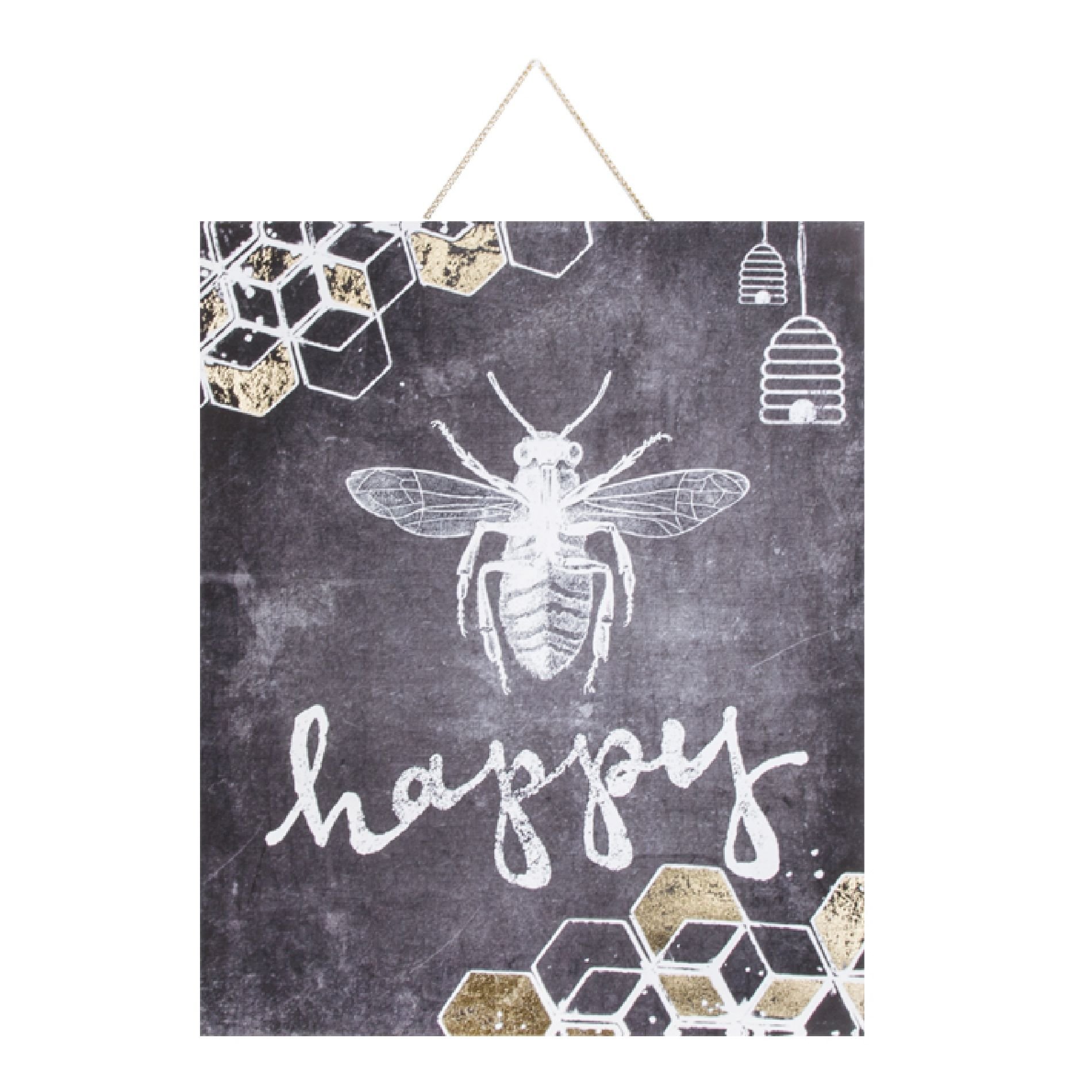 Art For The Home Bee Happy Printed Canvas Wall Art, Wood, Black, Size: Height: 50cm x Width: 40cm