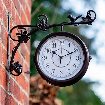 Garden Gear Aldbury Double-Sided Garden Clock Victorian Station Style Wall Clock with Birds and Leaves Detail Mahogany Brown Powder-Coated Steel Outdoor Clock