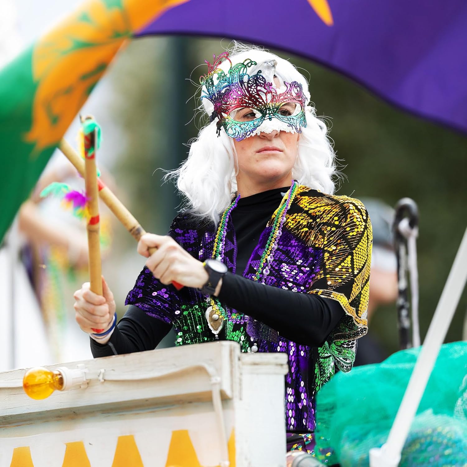 7 Pcs Mardi Gras Outfit for Women Feathers Headband Party Headwear Beads Necklaces Shawl Scarf Dangle Earrings Eye Mask - Image 5