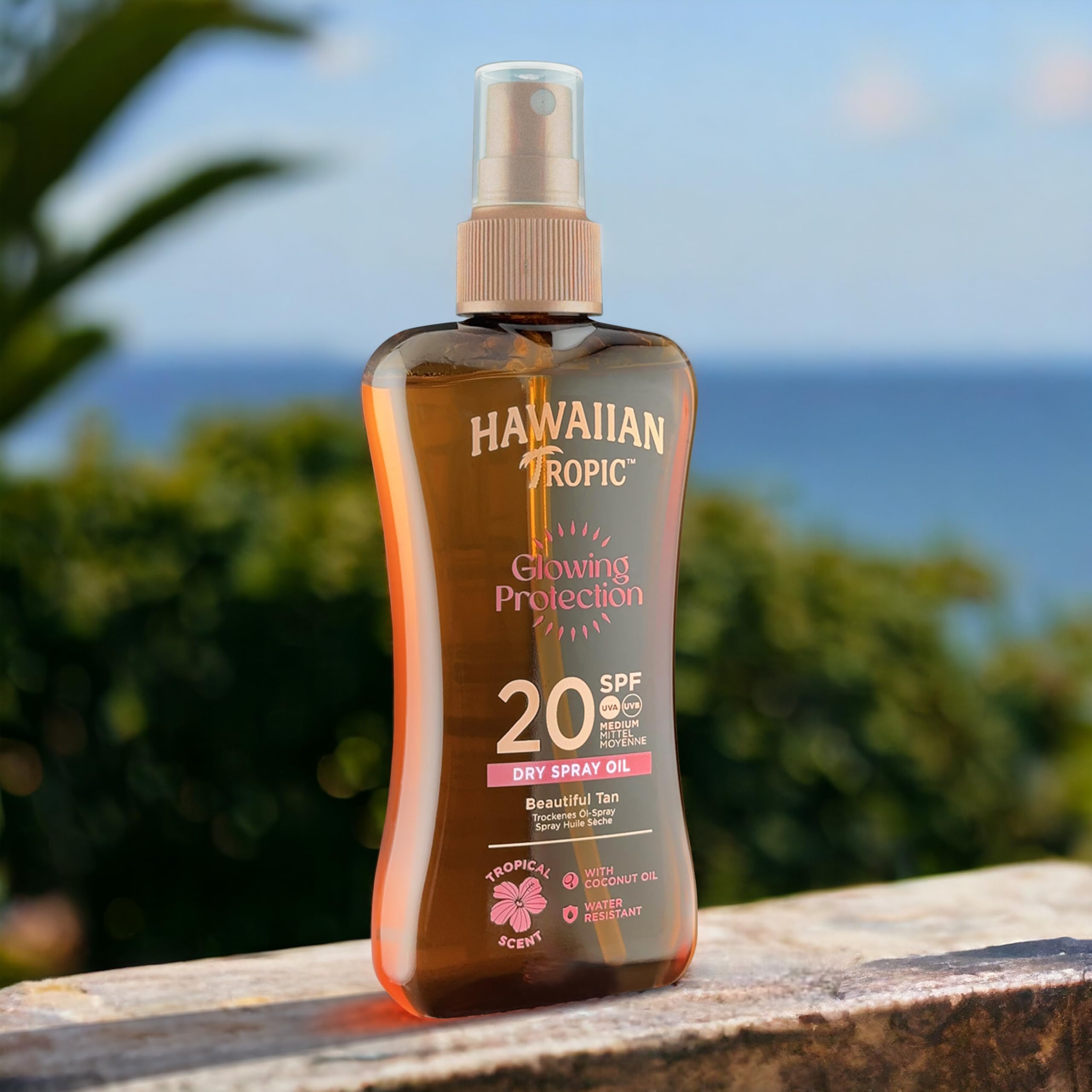 Hawaiian Tropic | Glowing Protection Huile Sèche Écran Solaire Protection SPF 20 UVA + UVB, 200 ml, Parfum Tropical, avec de l'Huile de Noix de Coco, Résistant à l'eau, Végan