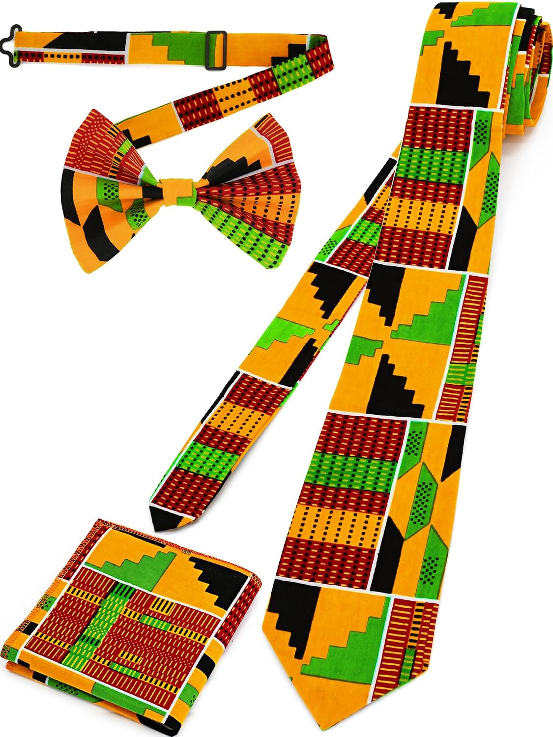 3 Pcs Mens African Ties Pre-Tied Bow and Pocket Square Sets Kente Print Tie African Attire Kwanzaa Black History Month Festivals Gift for Men