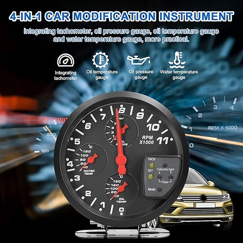Miniatura 2 de Medidor de presión de aceite, 5 pulgadas, 4 en 1, medidor multifuncional para automóvil, tacómetro, presión de aceite, temperatura del aceite,