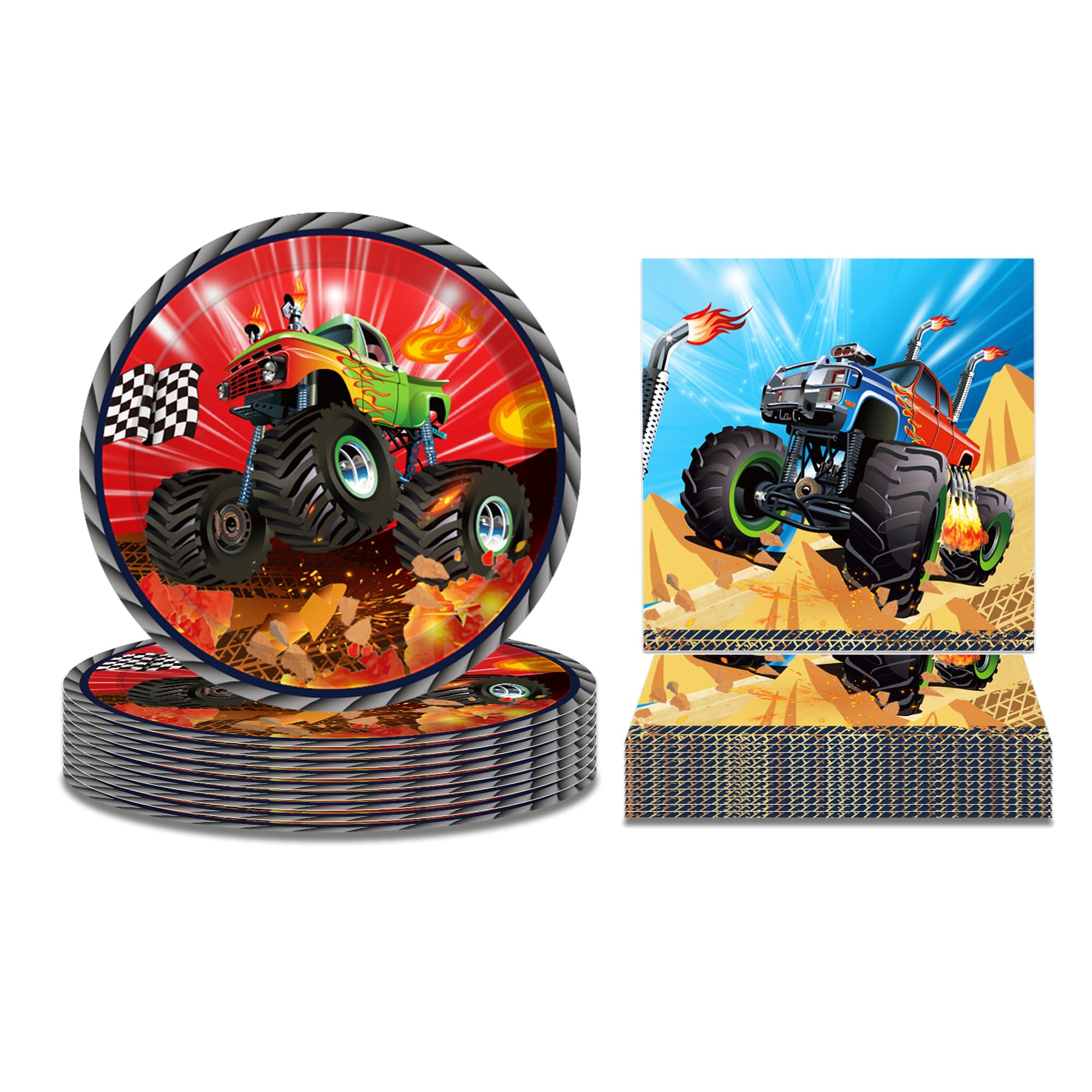 Monster Truck Party Plates and Napkins for 24 Guests 64 Pcs Monster Truck Birthday Party Supplies Tableware Set Monster Truck Paper Plates Machines Jam Napkins for Machines Jam Theme Birthday Supplies