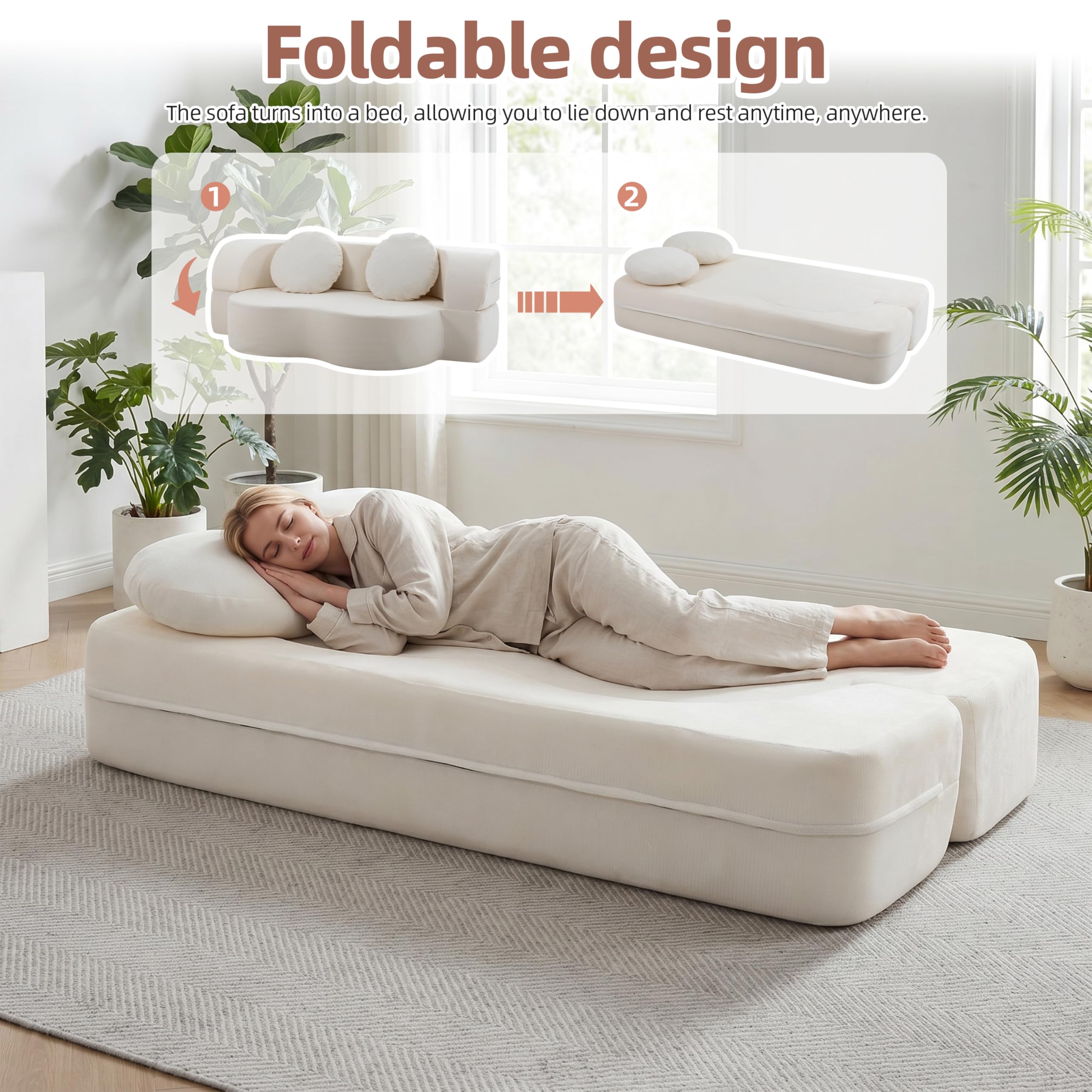 Nuturelly 78" Floor Sofa Bed, Convertible Couch, No Assembly, White | Safe for Kids & Pets, High-Density Foam With Memory Foam Layer, Spot Clean Or Machine Wash Cover, 2 Pillows Included