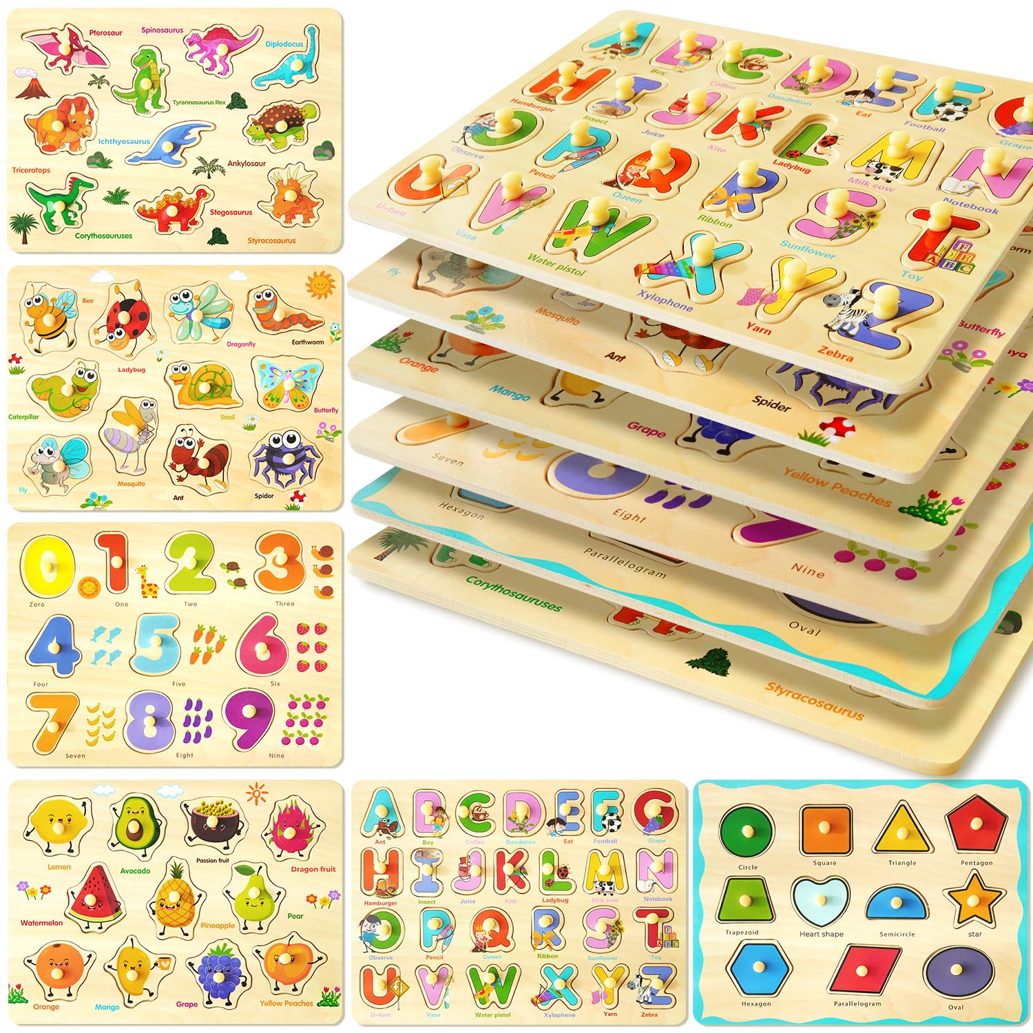 MerryPony Wooden Peg Puzzle for Toddlers 2 3 4 Years Old, 6 Pcs Montessori Toddler Puzzle - Alphabet, Shape, Number, Fruit, Dinosaur and Insect Puzzles, Baby Puzzle, Learning & Education Toys for Kids