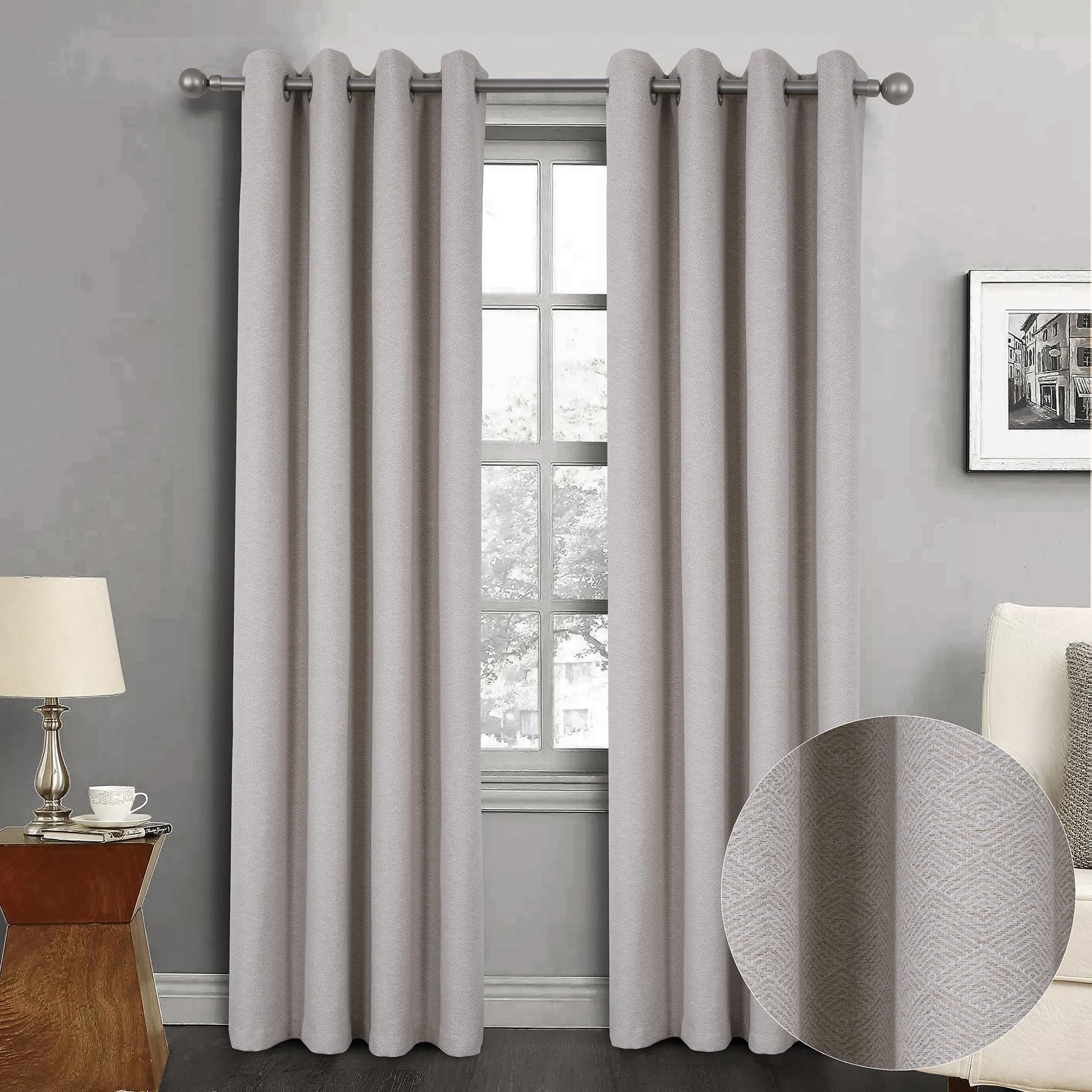 always4u 100% Occultant Rideau avec Motifs Géométriques, Faux Laine Double Rideaux Isolation Thermique avec Oeillets pour Chambre à Coucher Salon, L140xH245cm, Texturé, Beige, Lot de 2