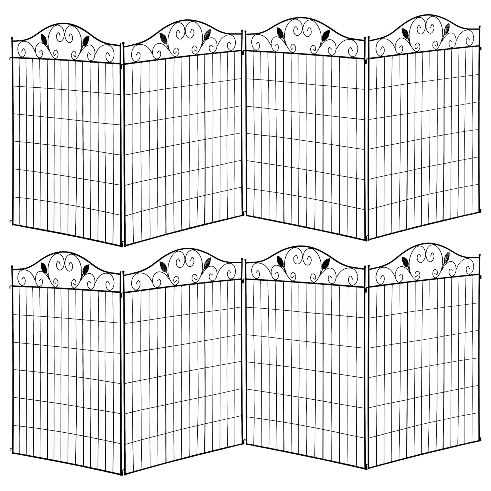 Outsunny Set of 2 Decorative Garden Fence, 8 Panels Metal Picket Fence, Foldable Garden Screen Panel, Versatile Shapes for Patio Lawn Decoration, 365cm x 112cm, Black
