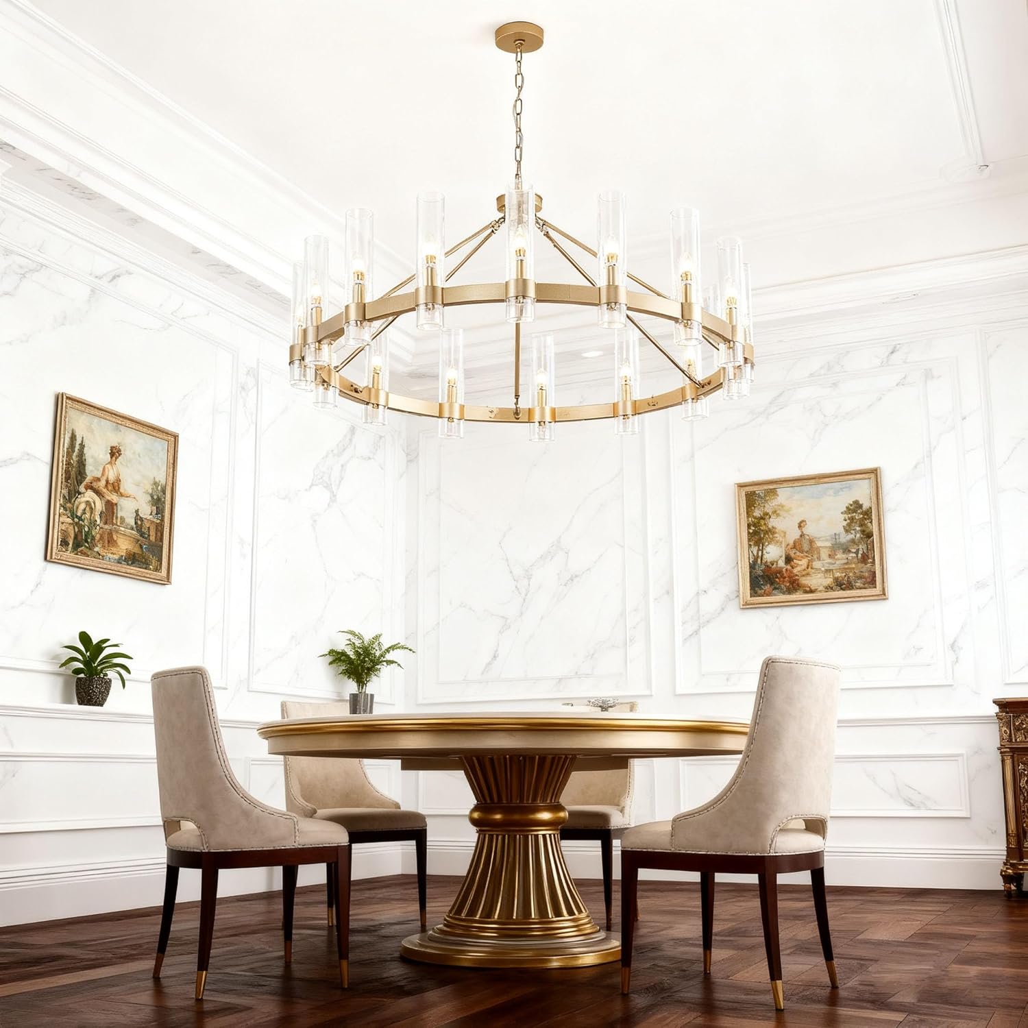 Gold Wagon Wheel Chandelier with Glass Shape D50 Large Round Chandelier Lighting for High Ceiling, Hanging Pendant Light Fixtures for Living Room, Dining Room (Gold + Glass Shape)