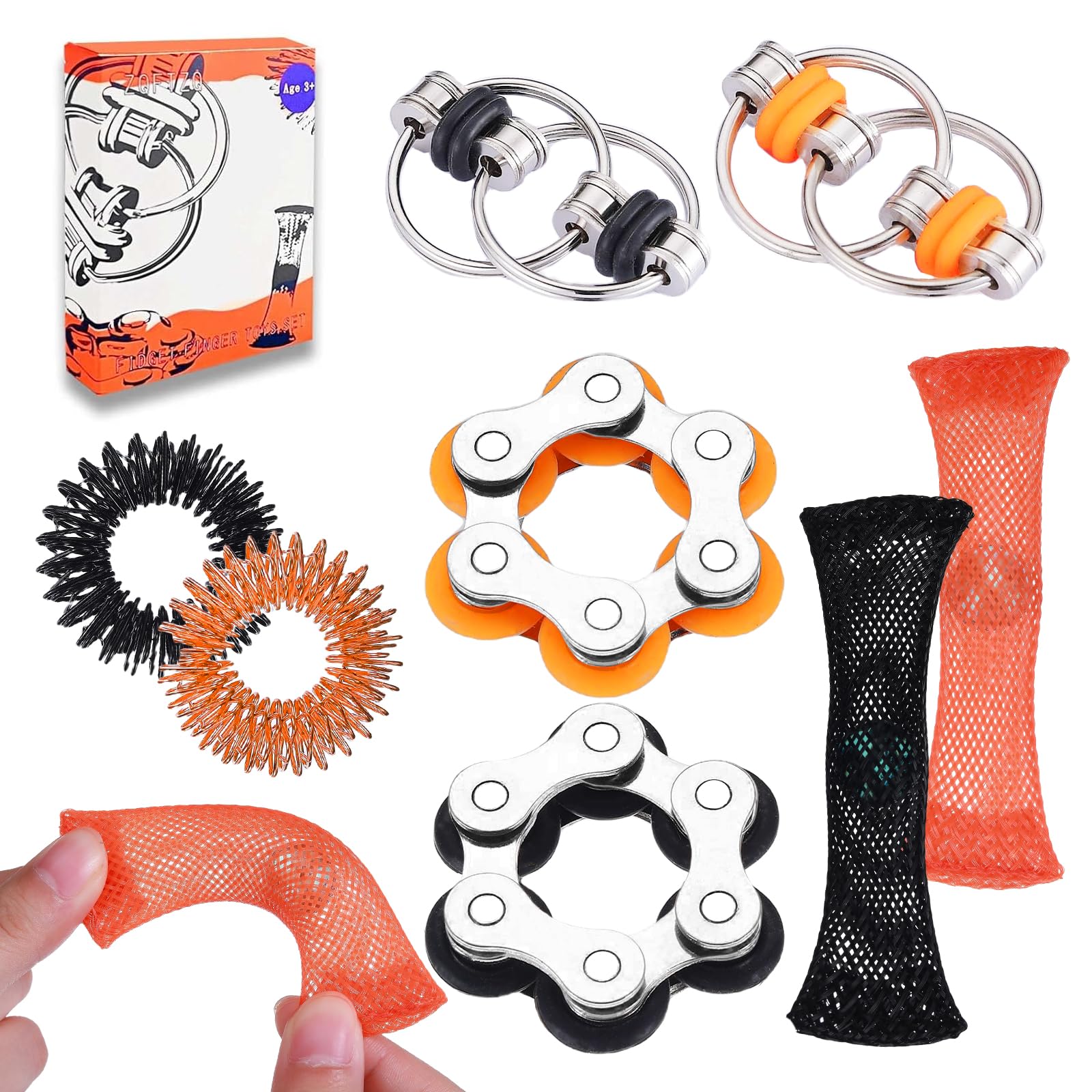 8Pcs Sensory Fidget Toys with Fidget Spinner,Spiky Sensory Finger Acupressure Rings Bike Chain Marble Mesh Fidgets Quiet Toys for Autism,Anxiety Toy Stocking Stuffers Gift for Boys Girls