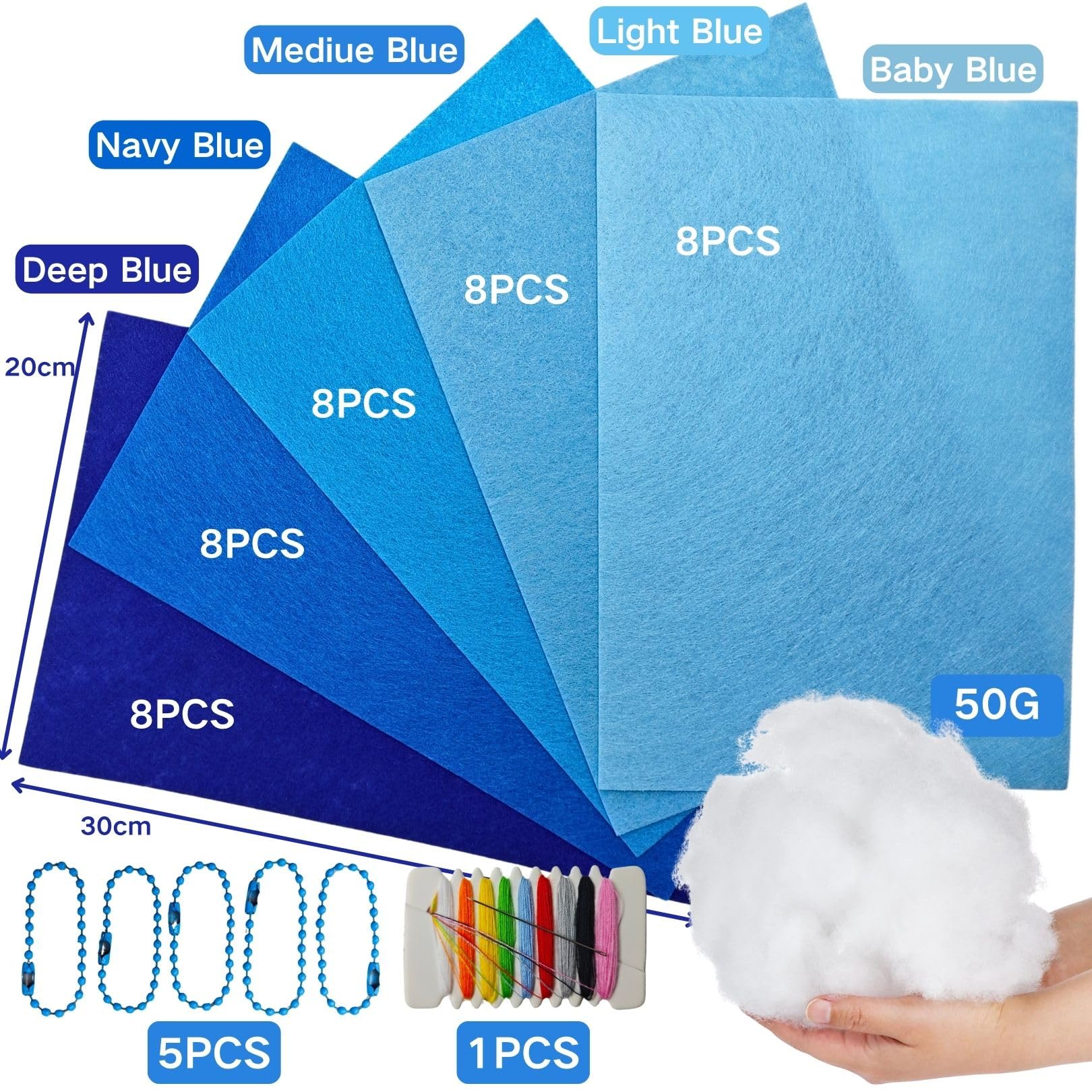 HanCheng 40 PCS Blue Felt Fabric,5 Colours Felt Sheets with 50g Stuffing,5 Ball Chain,Needle and Thread,1mm Thick Nonwoven 20 x 30 cm,Fabric for Sewing and DIY Crafts (Blue Series) - Image 2