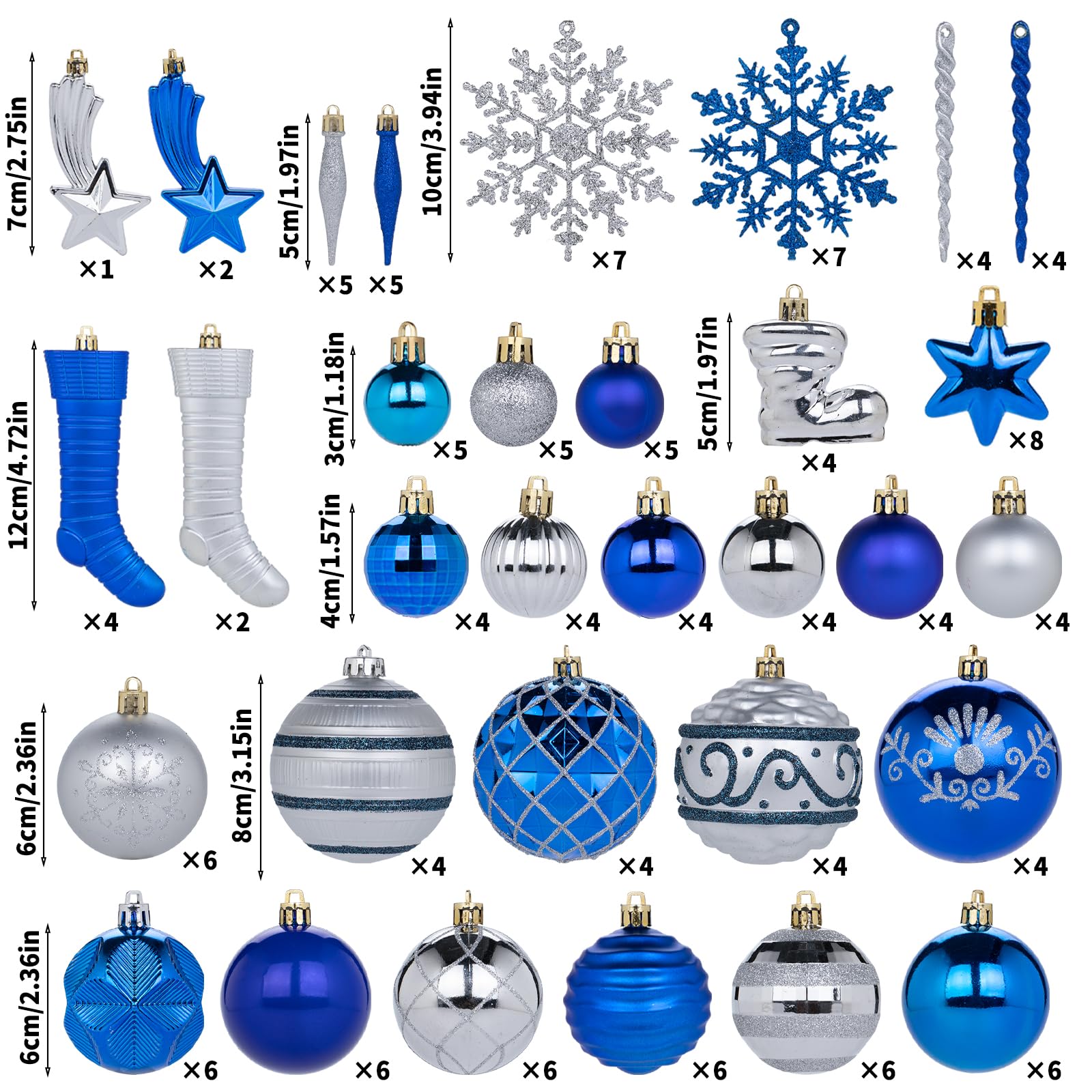 Juego de 150 adornos de bolas de Navidad, bolas de Navidad inastillables, colgantes surtidos para árbol de Navidad, fiestas, vacaciones, decoración del hogar (azul y plateado)
