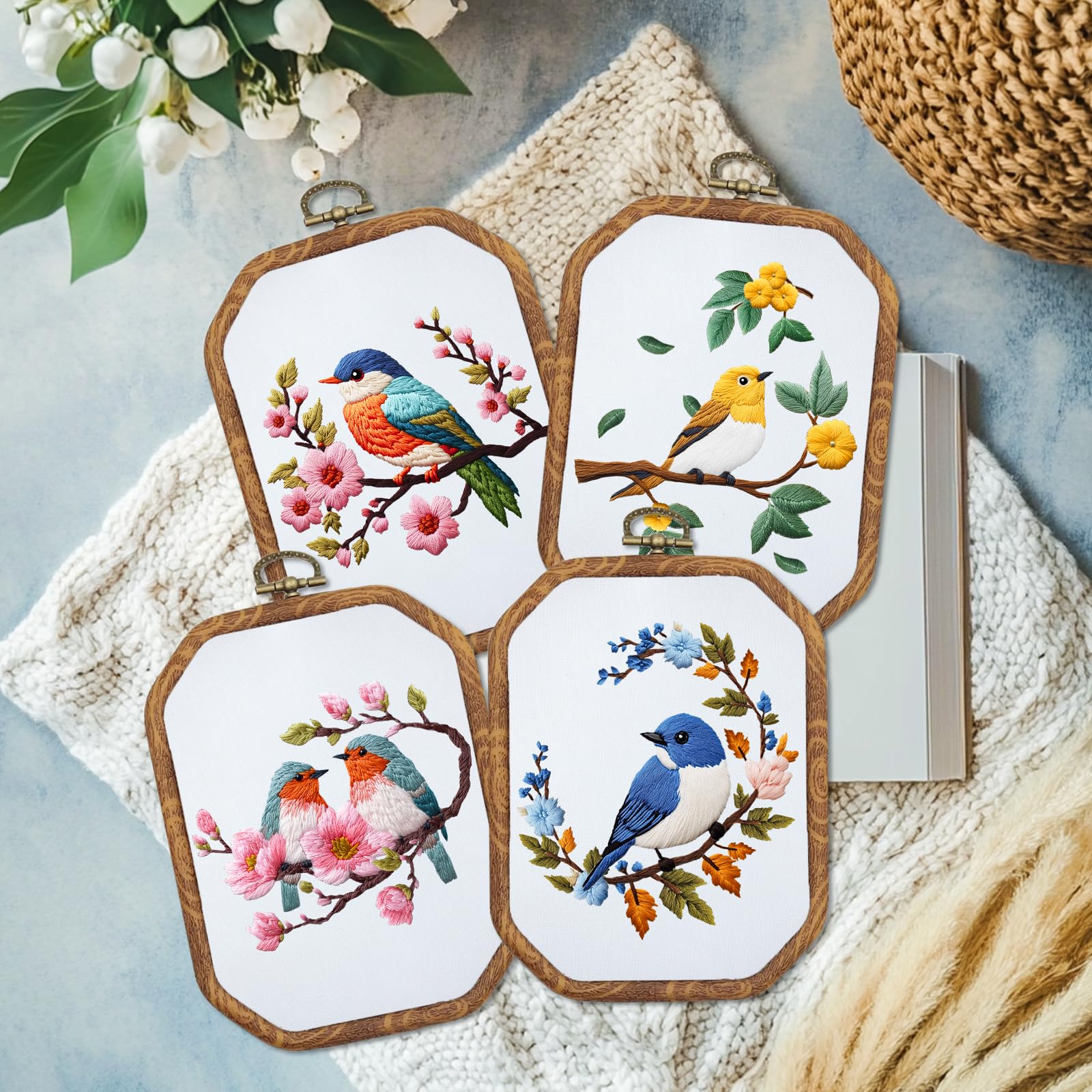 ORIGACH Juego de 4 kits de bordado para principiantes y adultos, kit de iniciación de bordado de colibrí y flores con patrones estampados, instrucciones (idioma español no garantizado), agujas de aro