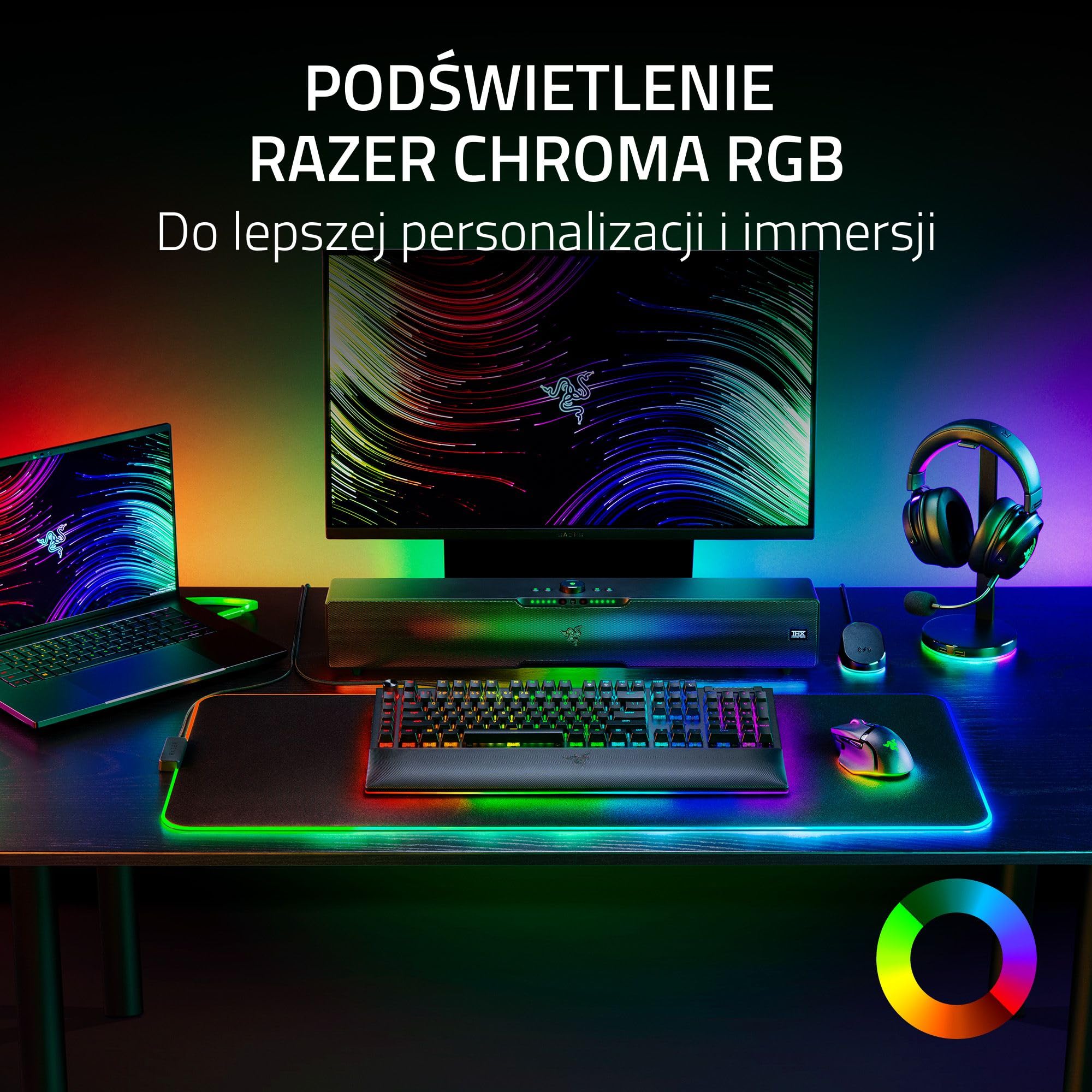 Razer Base Station V2 Chroma - podstawka pod zestaw słuchawkowy z hubem USB i oświetleniem RGB (z dźwiękiem przestrzennym 7.1, zintegrowanym uchwytem na słuchawki, antypoślizgową podstawką) Czarny