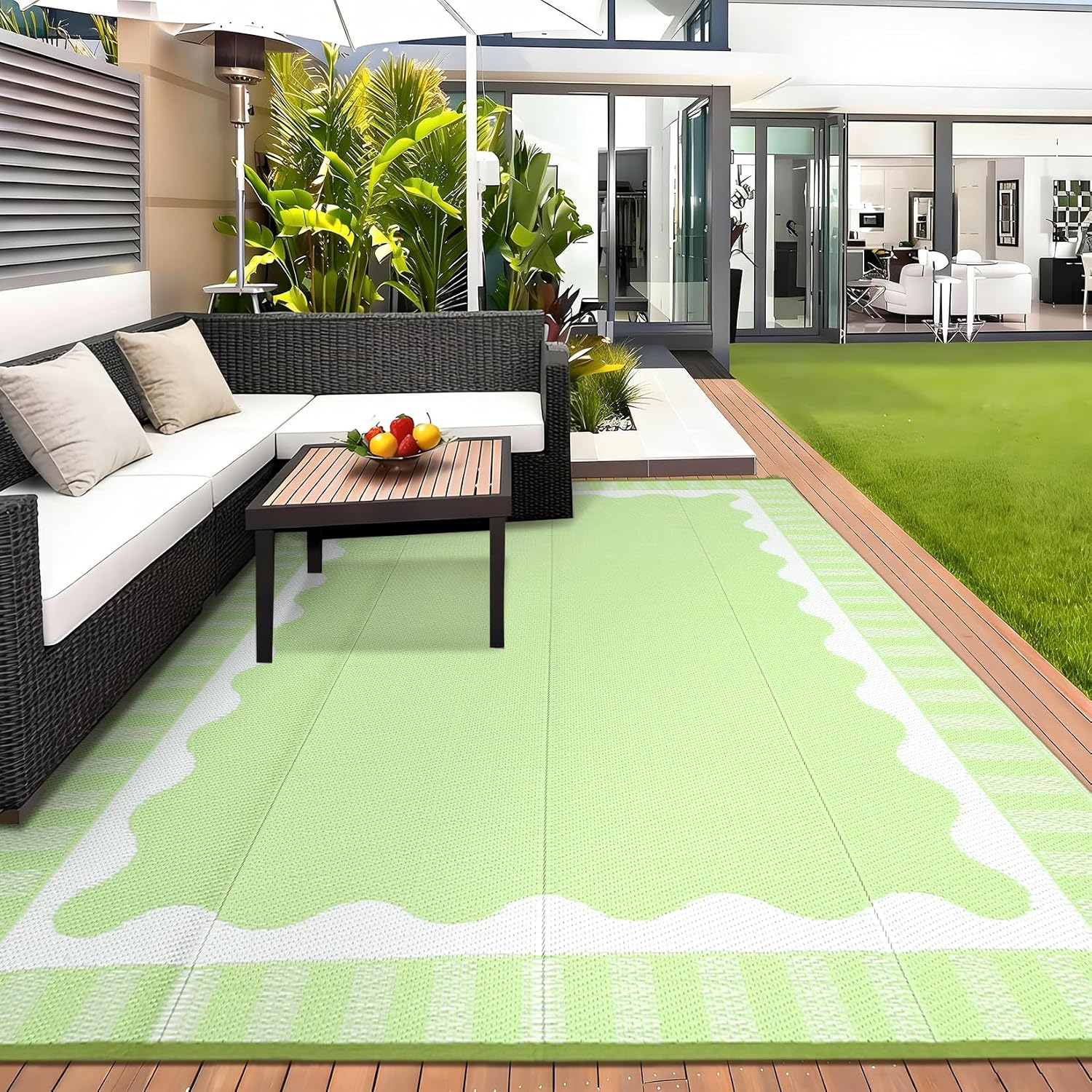 9x12 Outdoor Rug Waterproof Foldable Plastic Straw Carpet for Patio Porch Scalloped Border Reversible Mat Lightweight Floor Mat for Picnic, Rv, Beach, Deck, Camper, Balcony，Light Green