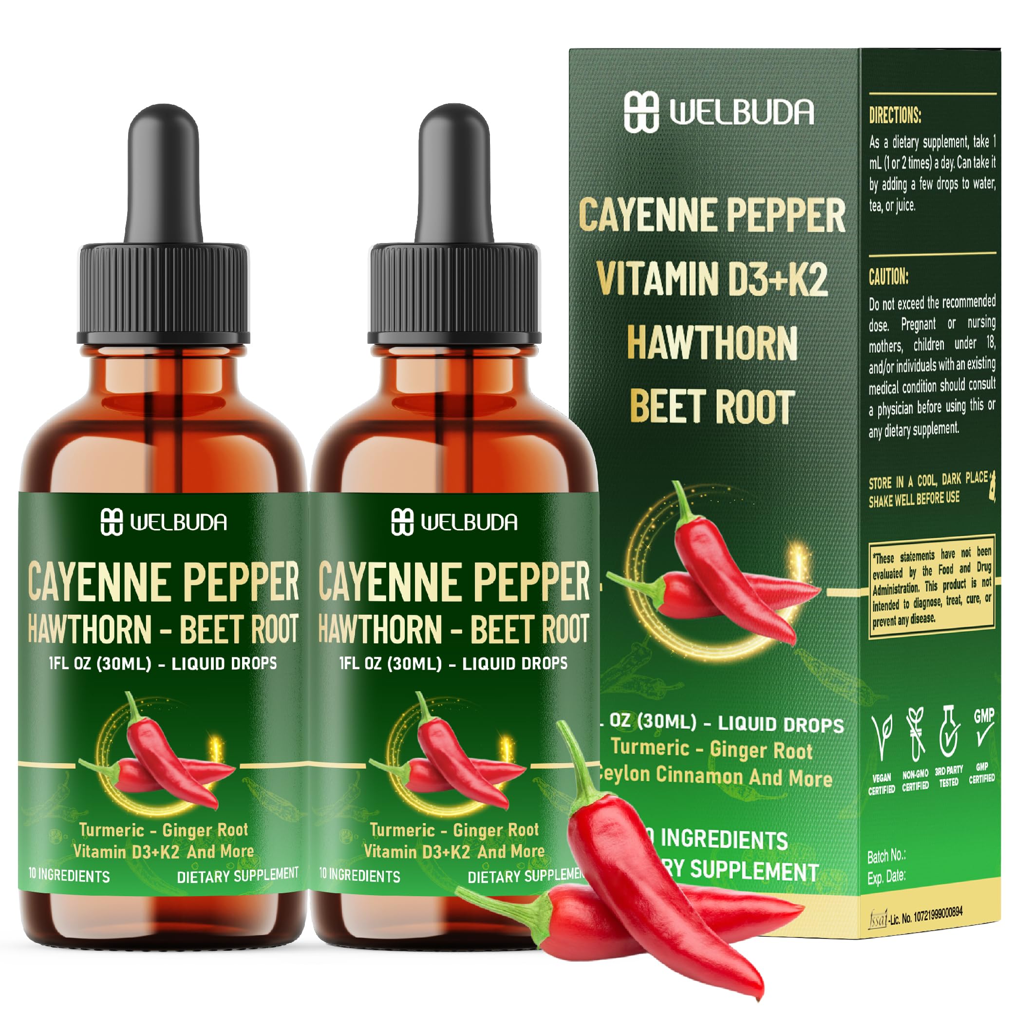 10in1 Cayenne Pepper Supplement with Hawthorn Berry, Beet Root, Turmeric, Ginger, Ceylon Cinnamon, Berberine, Panax Ginseng – 2 Pack (60ml Total) - 60Days Supply