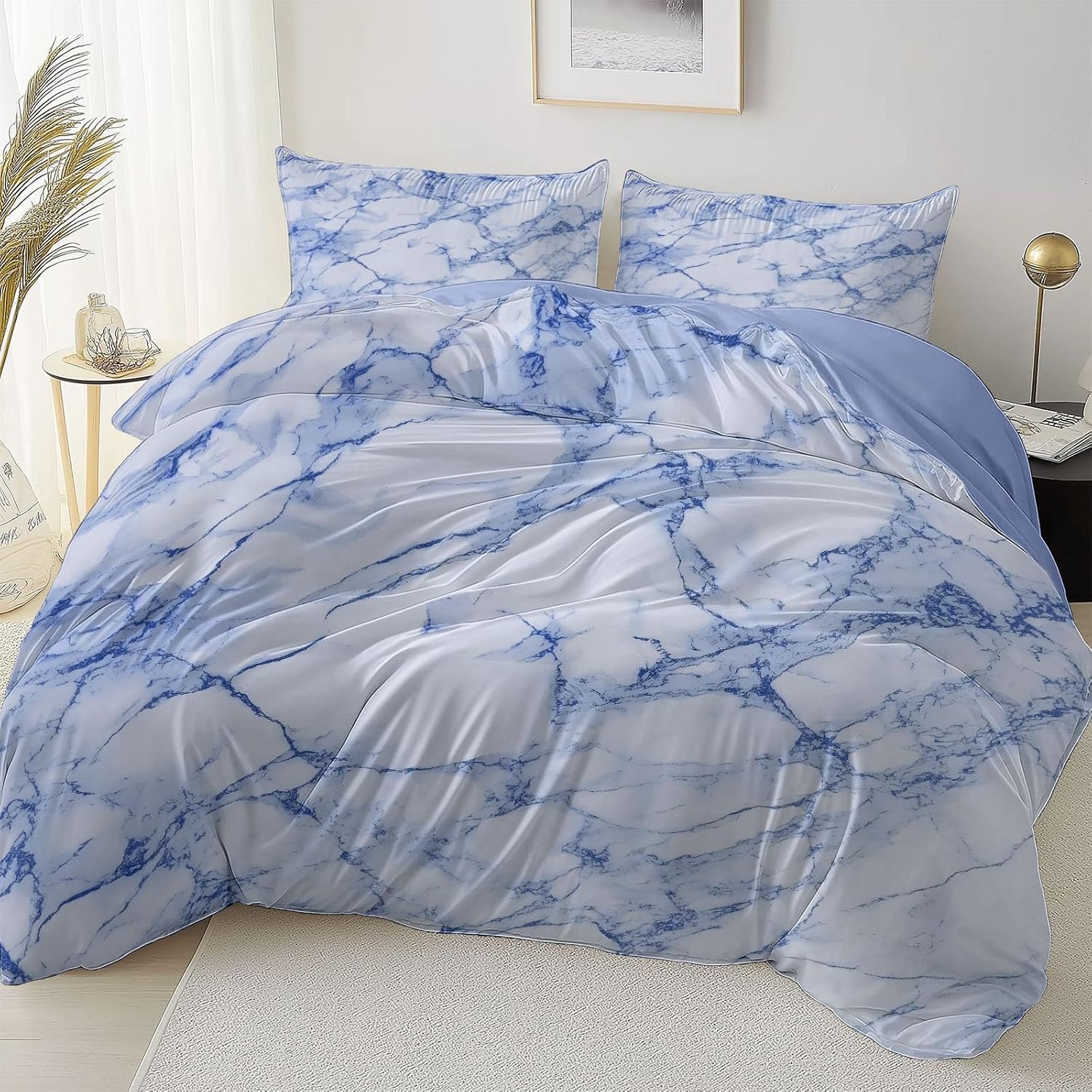 Queen Bedding Duvet Cover Set- Purple Printed 3 Piece Decorative Bedclothes, Minimalist Texture Marble Soft Microfiber Down Comforter Quilt Covers Closure for Men and Women
