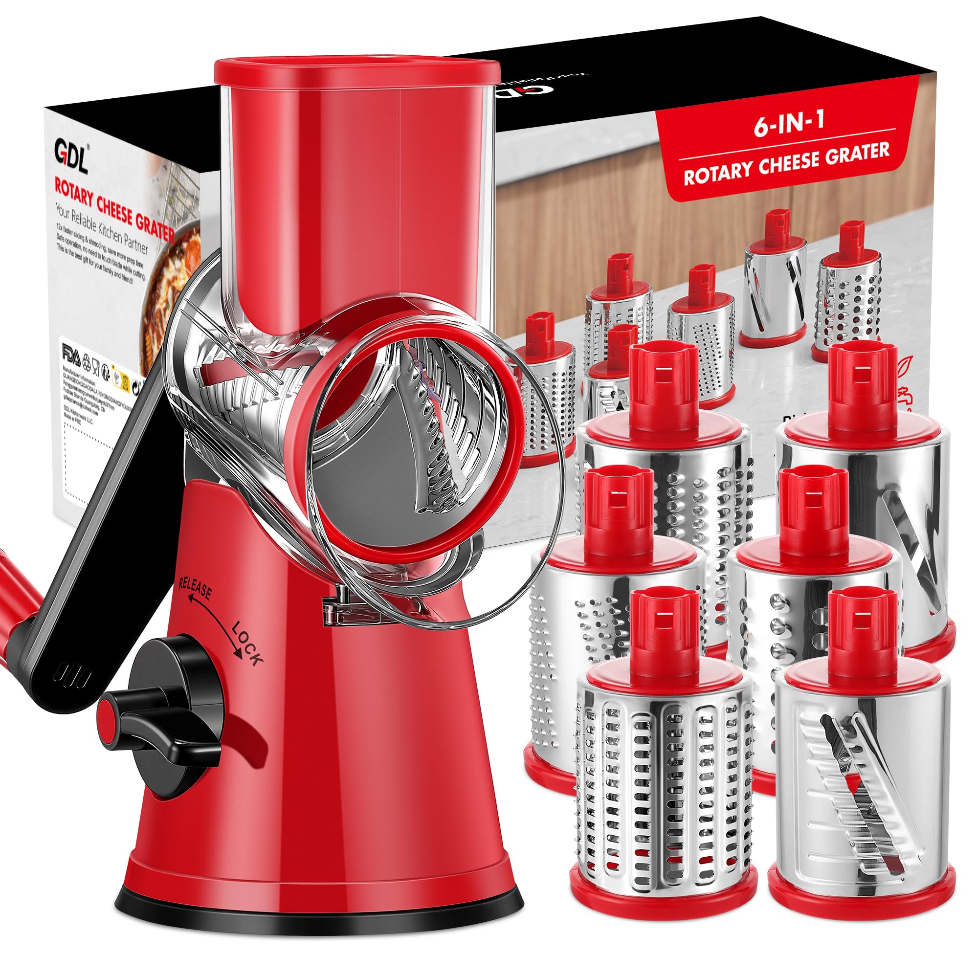 GDL Cheese Grater Rotary with Handle, Vegetable Slicer, 6 Blades, Red Black
