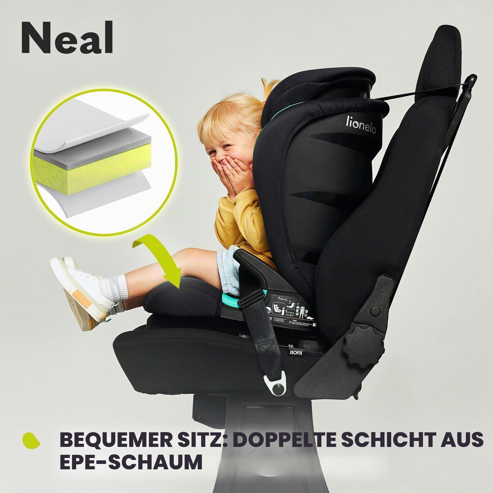 LIONELO Neal Kindersitz 15-36kg, Isofix, Seitenprotektoren, Kennzeichnung | i-Size, 3-fach verstellbare Rückenlehne, Höhenverstellbare Kopfstütze, Belüftungssystem