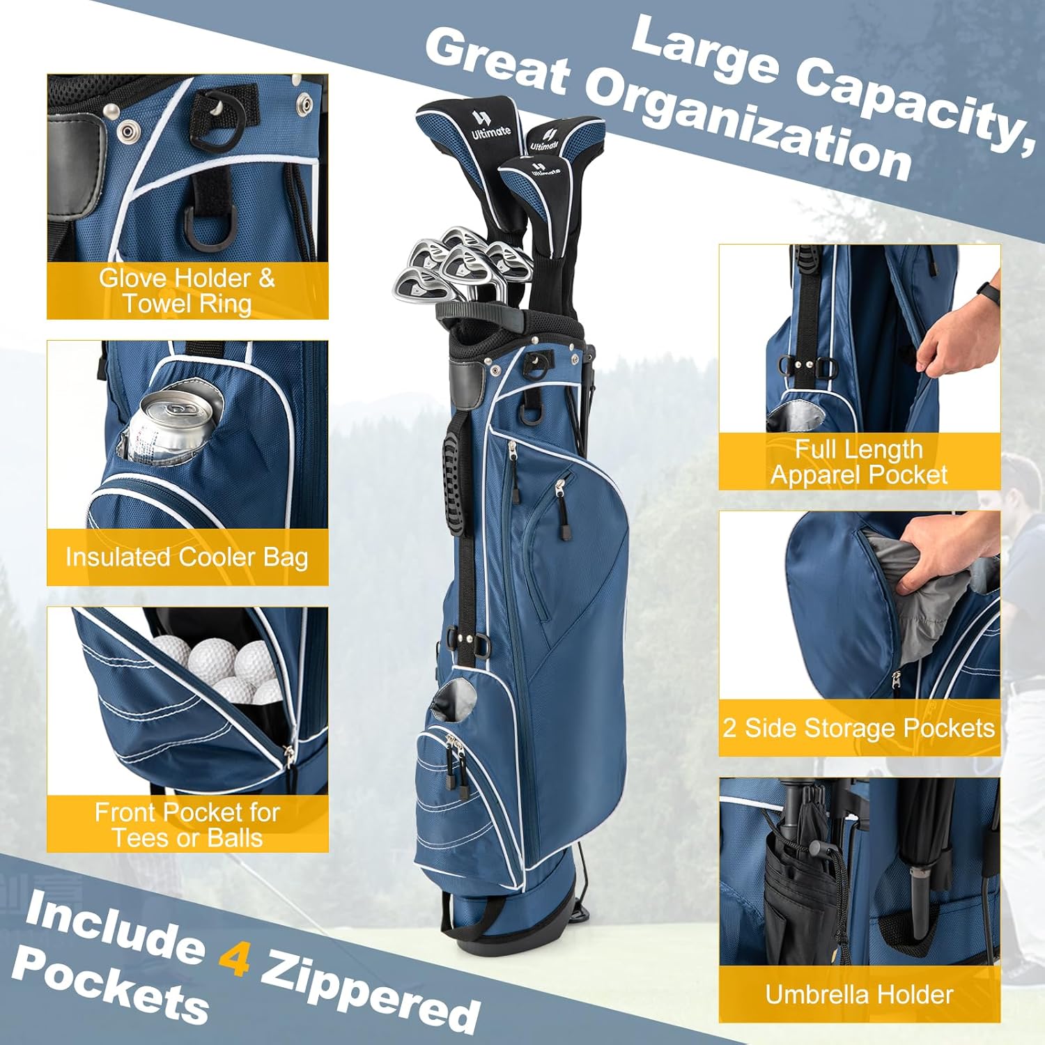 ULTIMATE Golf Stand Bag with 4-Way Top Dividers, Portable Ergonomic Golf Bag with 4 Zippered Pockets, Cooler Bag, Rain Hood and Dual Strap System, 3.5 LBS Lightweight for Men&Women