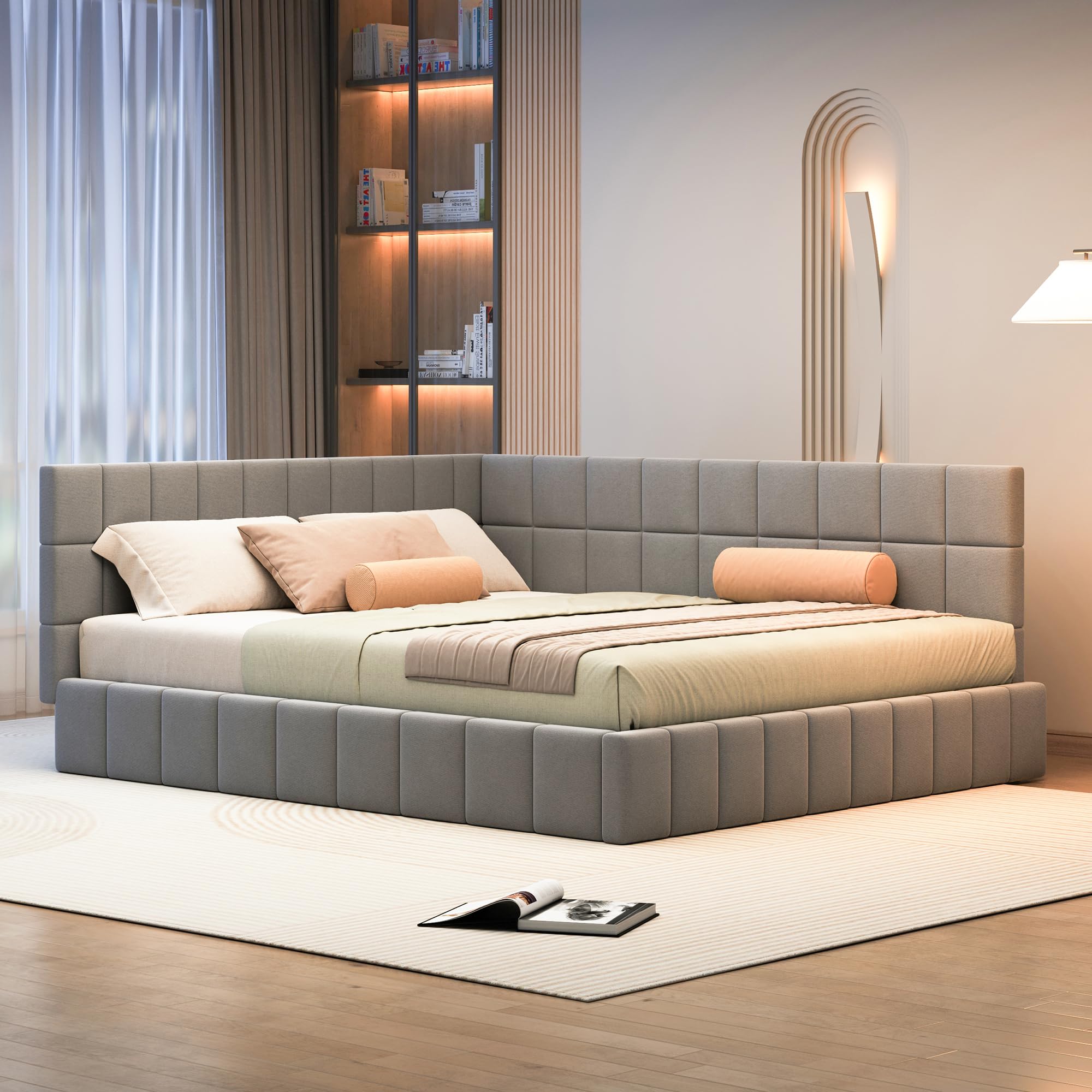 Sapgaks Canapé lit 2 places160x200,Cadre de lit 160x200 avec sommier à Lattes,2 Personnes,Multifonctionnel avec Tissu Velours,Gris(sans Matelas)