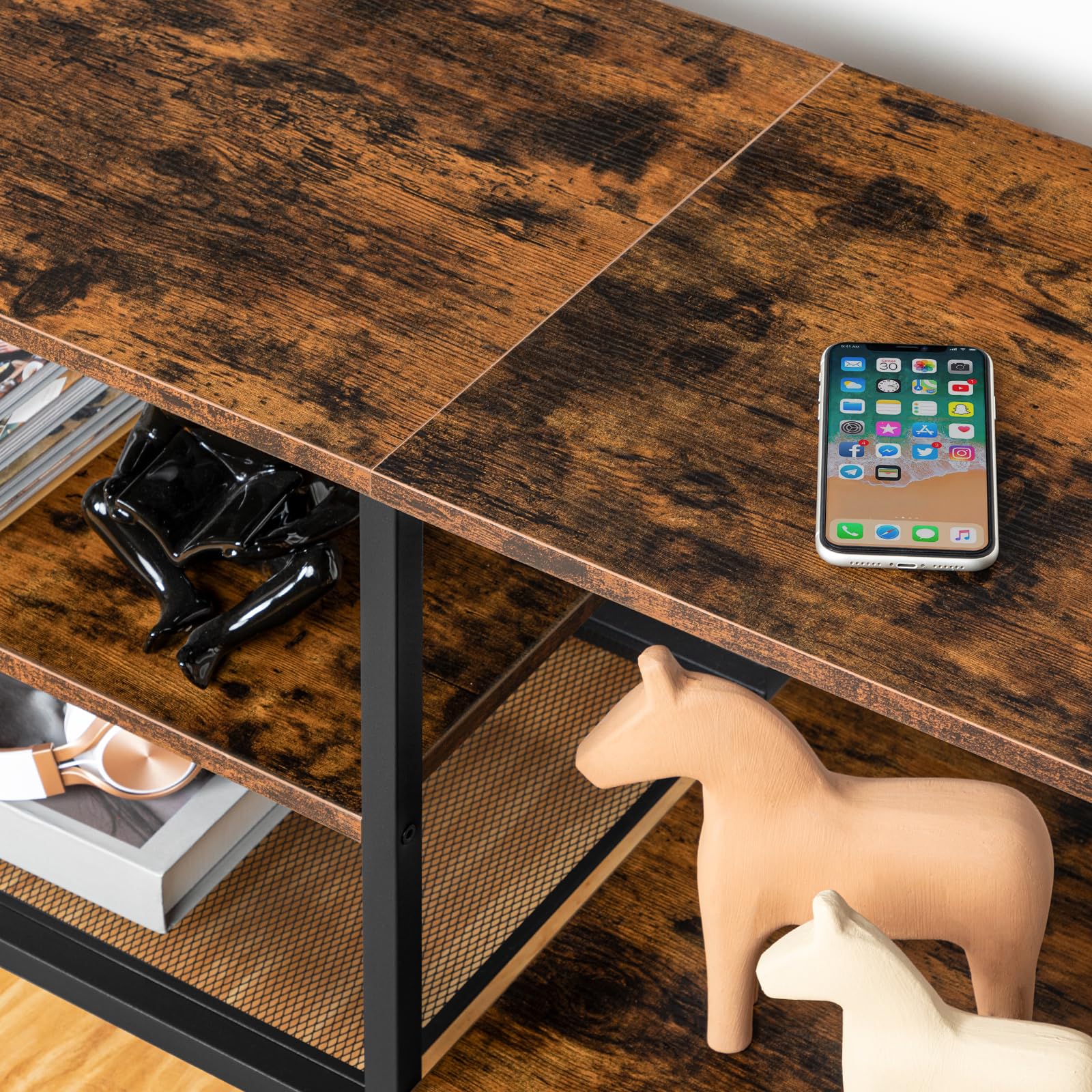 HOOBRO Meuble TV Style Industriel, Console Multimédia à 3 Niveaux, Étagères Grillagées pour Téléviseur de 65 Pouces, Rangement Ouvert, pour Salon, Marron Rustique et Noir EBF58DS01