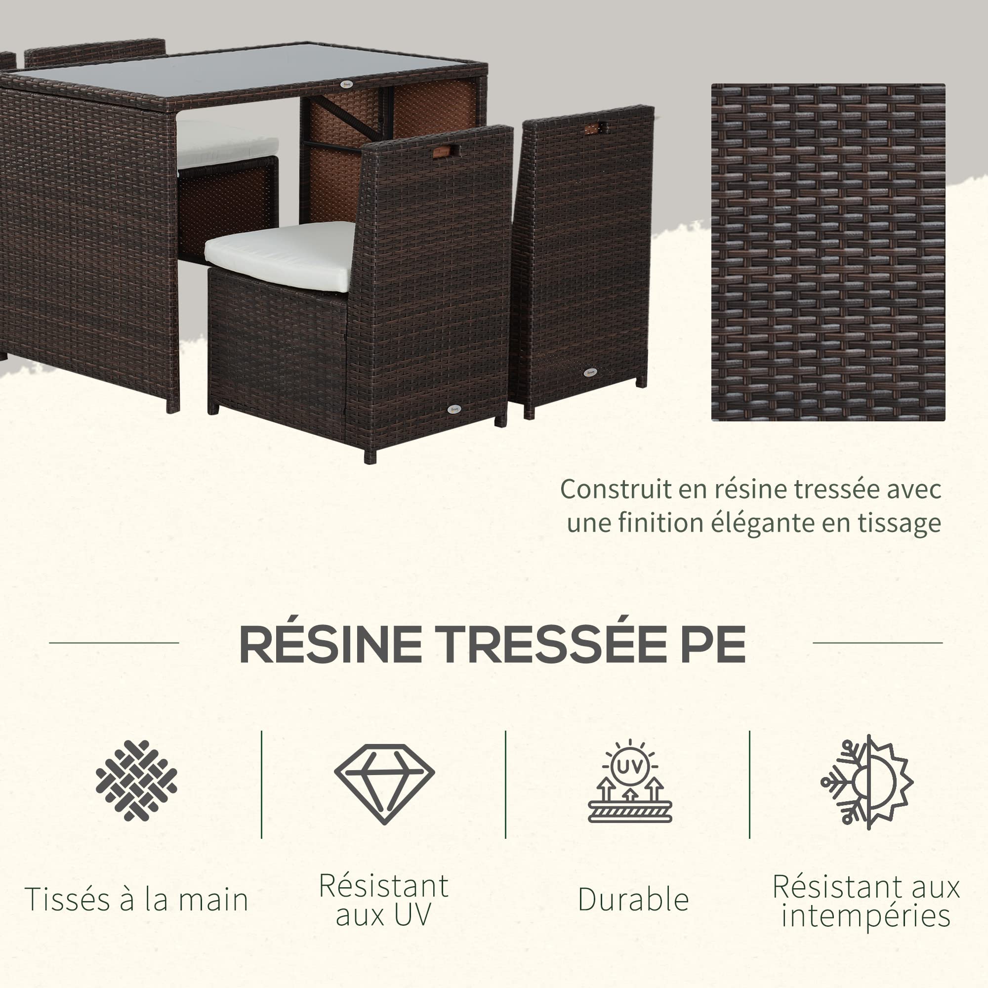 Outsunny Ensemble Salon de Jardin encastrable 4 chaises monoblocs avec Coussins déhoussables et Table résine tressée Chocolat
