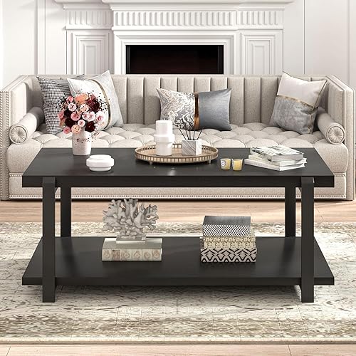 Miniatura 6 de FOLUBAN Mesa de centro negra, moderna mesa central de madera rústica con almacenamiento para sala de estar, mesa de té de cóctel rectangular