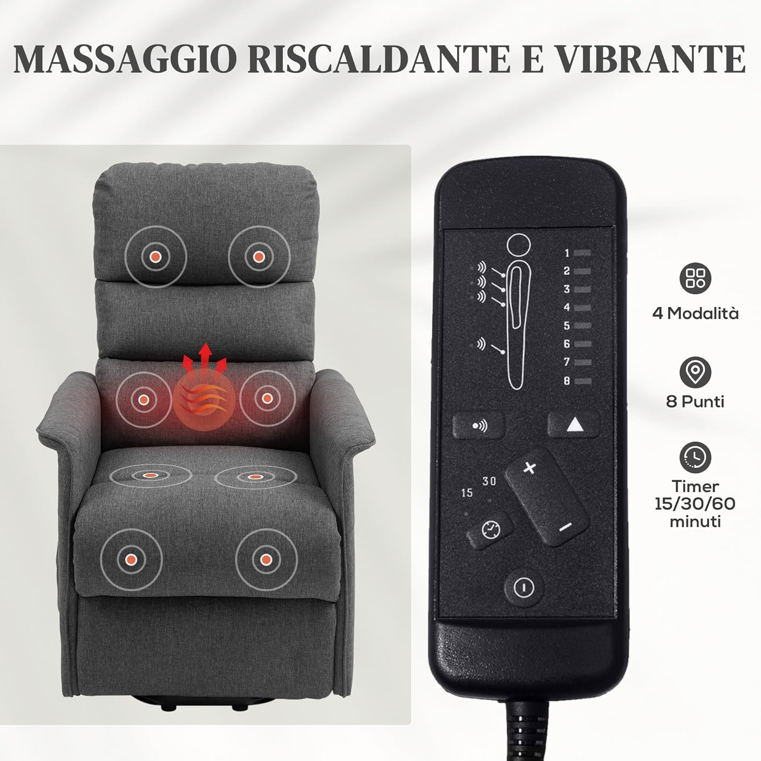 Remote control for the HOMCOM Electric Lift Recliner Chair's massage and heating functions, showing buttons for modes, points, and timer.