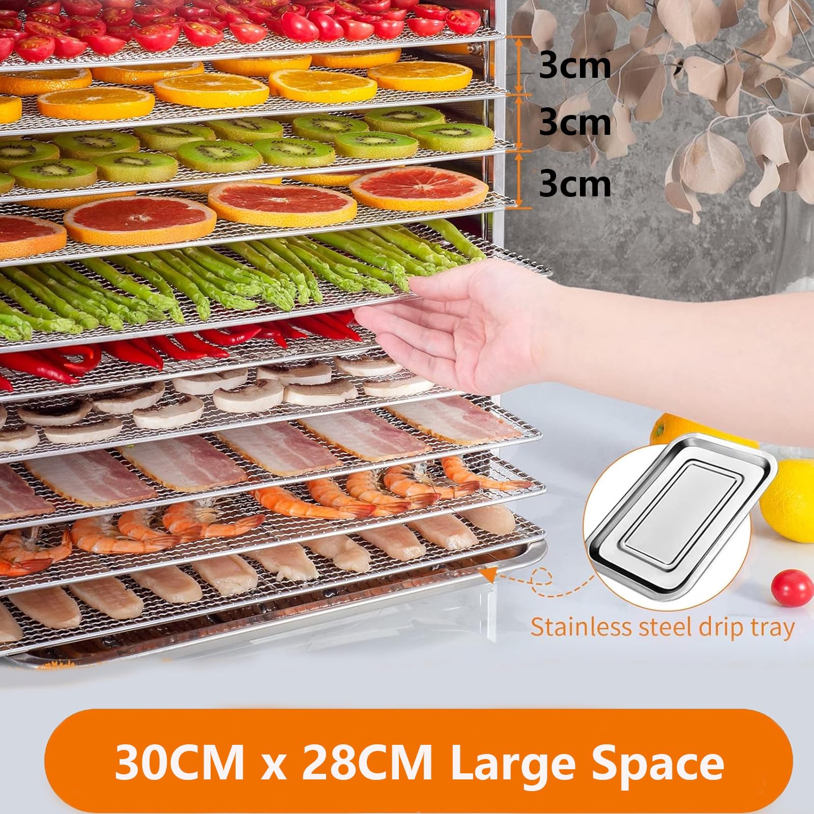 Essiccatore per Alimenti, Essiccatore A 10 Vassoi in Acciaio Inossidabile per Alimenti E Carne Secca, Erbe, Frutta, Macchina Essiccata con Timer Digitale E Controllo della Temperatura