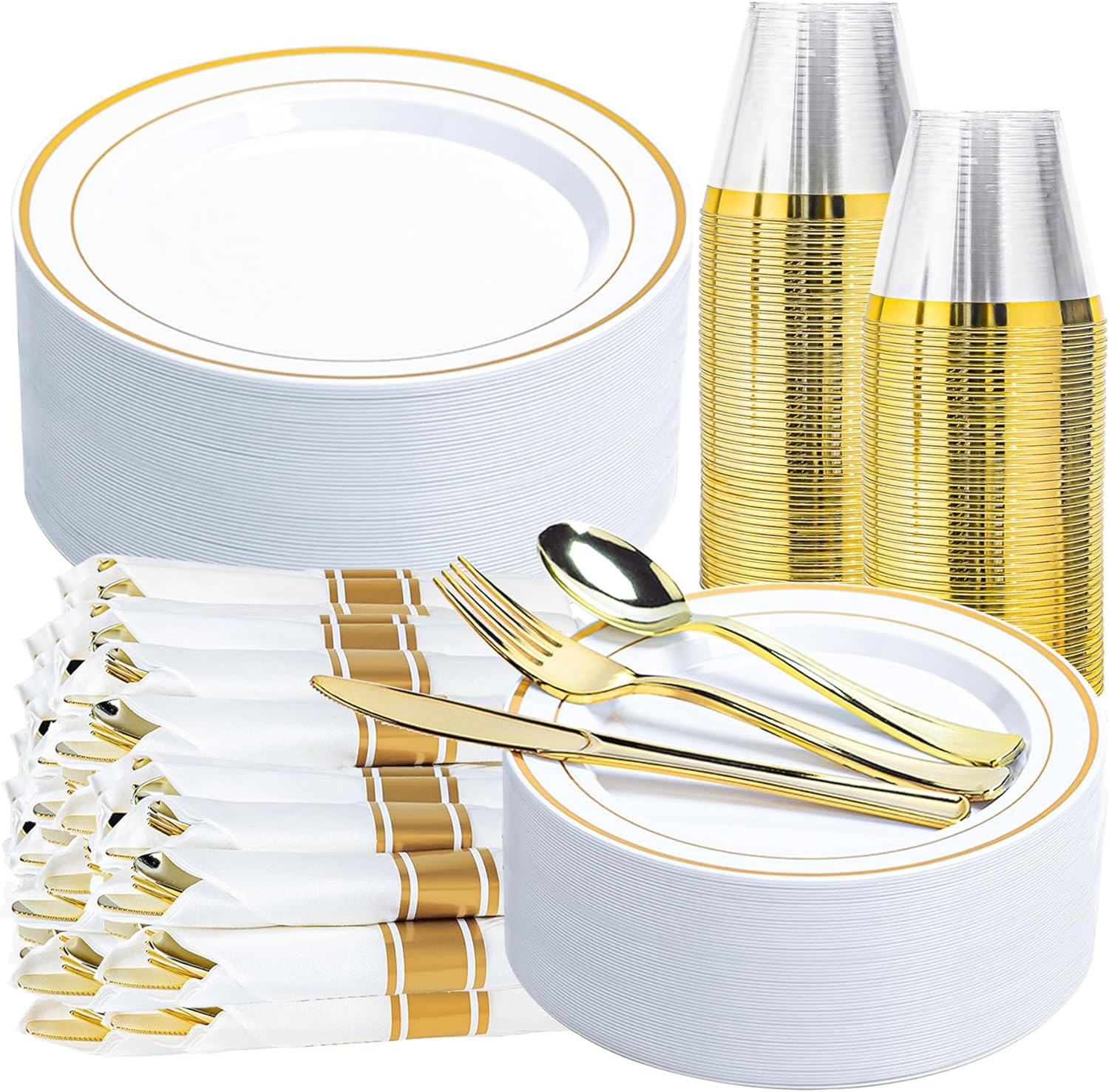 350PCS Gold Plastic Plates Dinnerware Set, Thanksgiving Disposable Plates, 50 Dinner and 50 Dessert Plates, 50 Pre Rolled Napkins with Silverware and 50 Cups for Party and Wedding