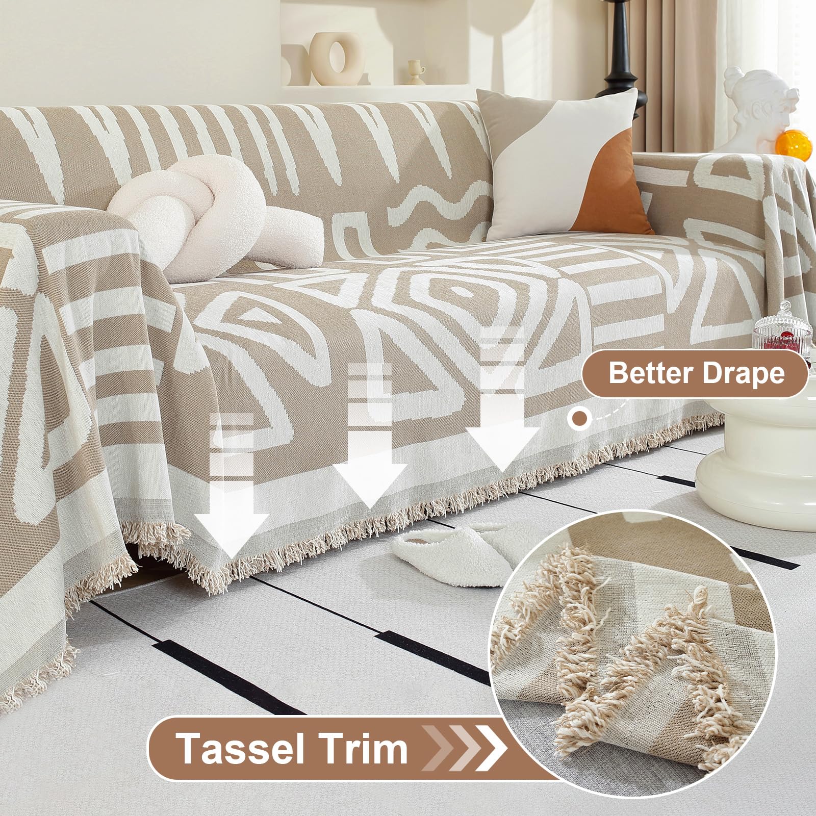 OstepDecor Boho Sofa Cover 4 Seater, Chenille Couch Cover for Corner Sofa Washable Sofa Slipcover - Image 3