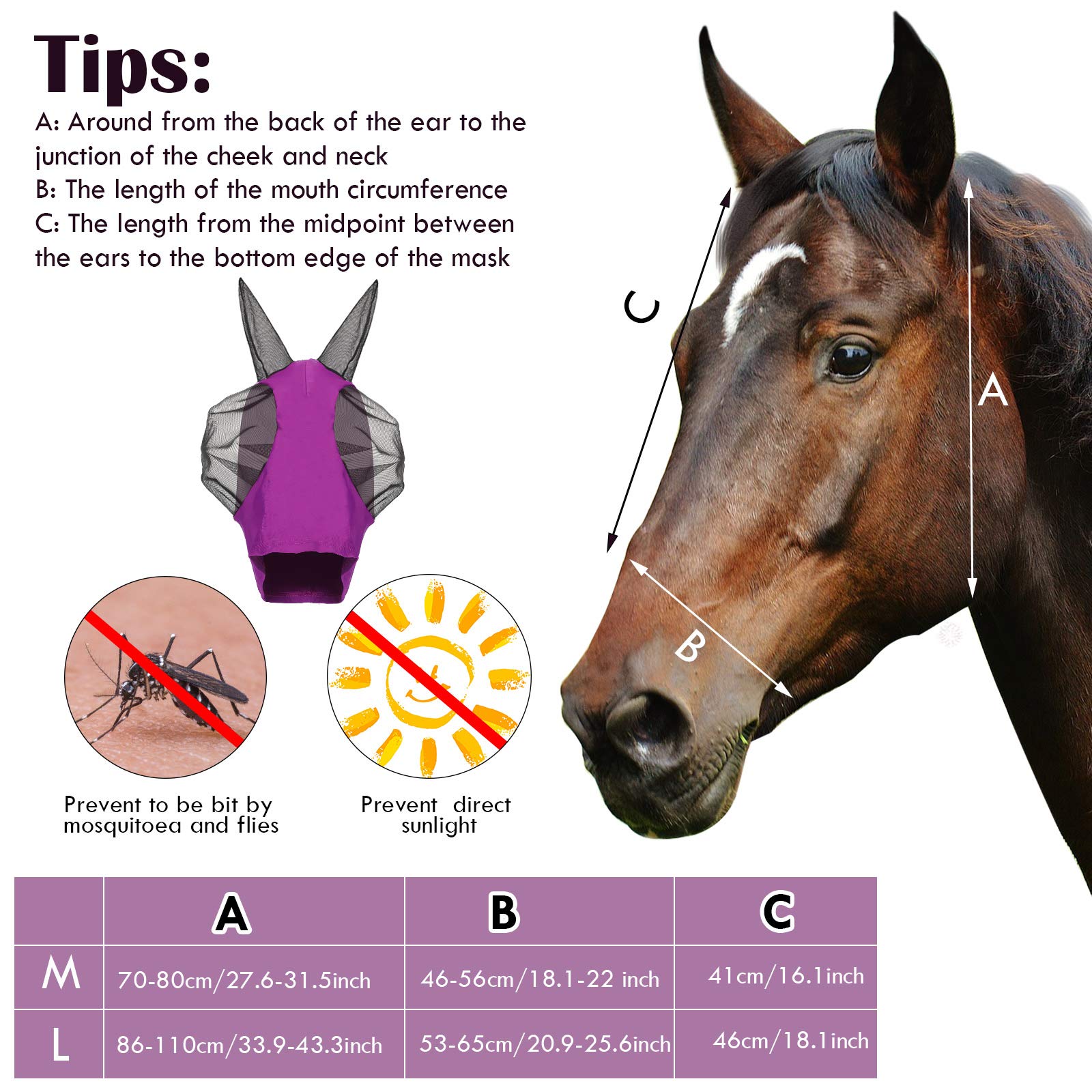 Weewooday 2 Pieces Horse Fly Masks for Horses Horse Mask with Ears Smooth and Elasticity Fly Mask with UV Protection(Purple, Pink,L) 3