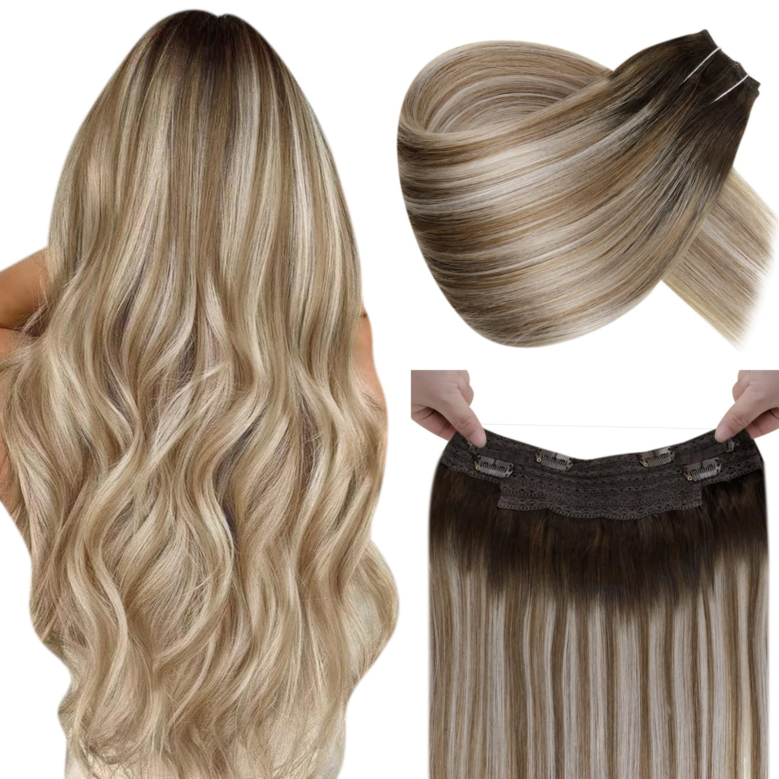 LaaVoo Extensiones Hilo Balayage Marrón Oscuro Ombre Rubio Extensiones Hilo Pelo Natural 50cm/20Pulgadas Extensiones Hilo Invisible Liso 100g #3/8/24
