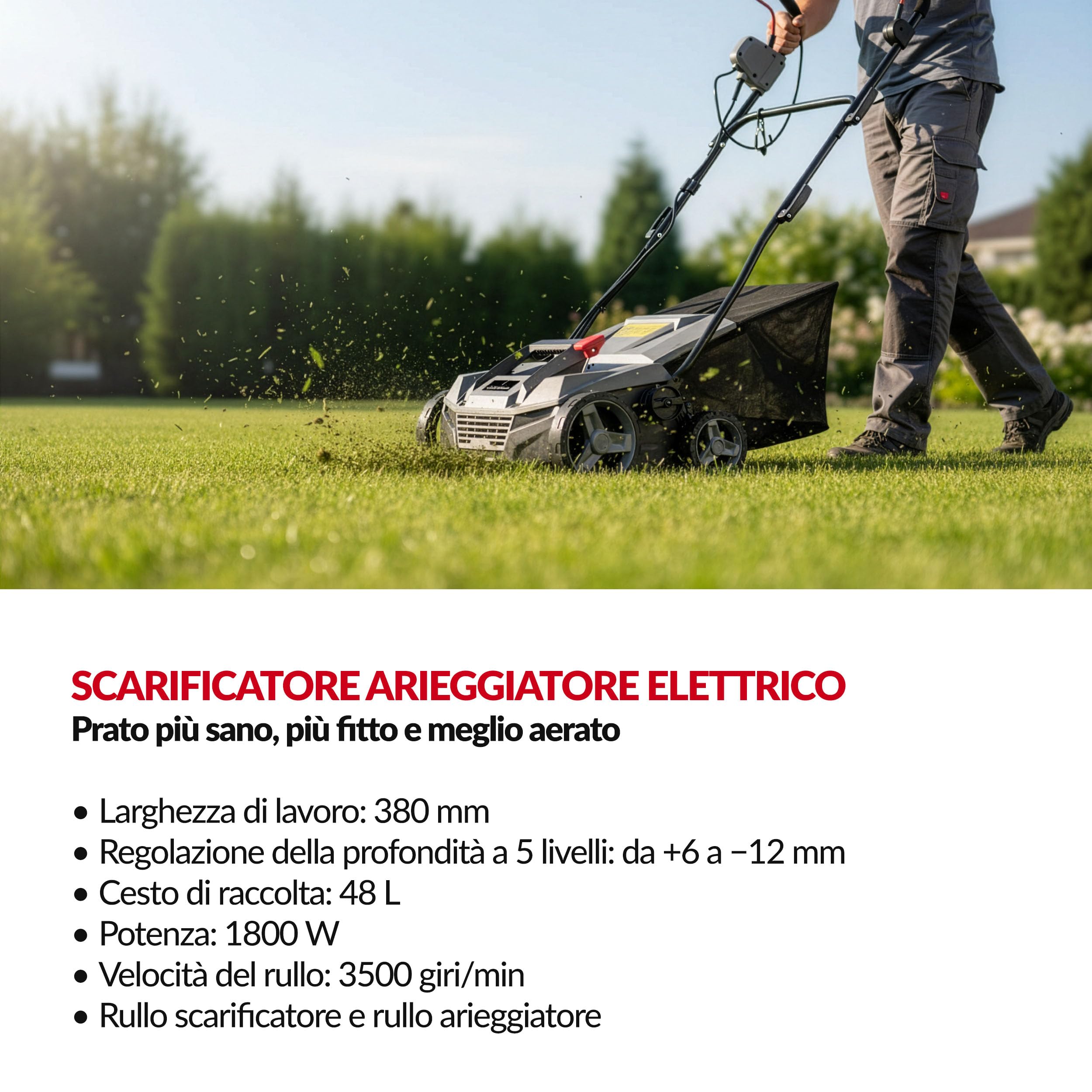 LEHMANN Teasel Scarificatore Arieggiatore Elettrico 2-in-1, 1800 W, Larghezza Lavoro 38 cm, 5 Livelli, 3500 giri/min, Cesto 48 L, Grigio