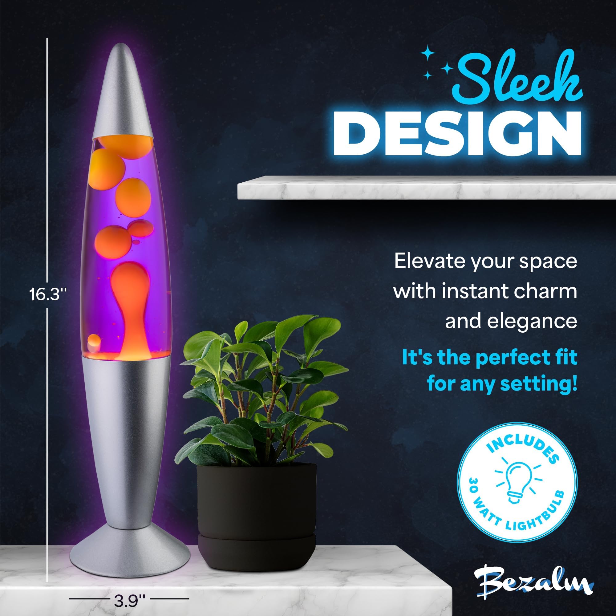 Jambo BEZALM - Hermosa lámpara de 40,6 cm, luz nocturna relajante, decoración para sala de estar, oficina y dormitorio. Lámpara Magma (40,6 cm, base plateada, líquido morado, cera amarilla).